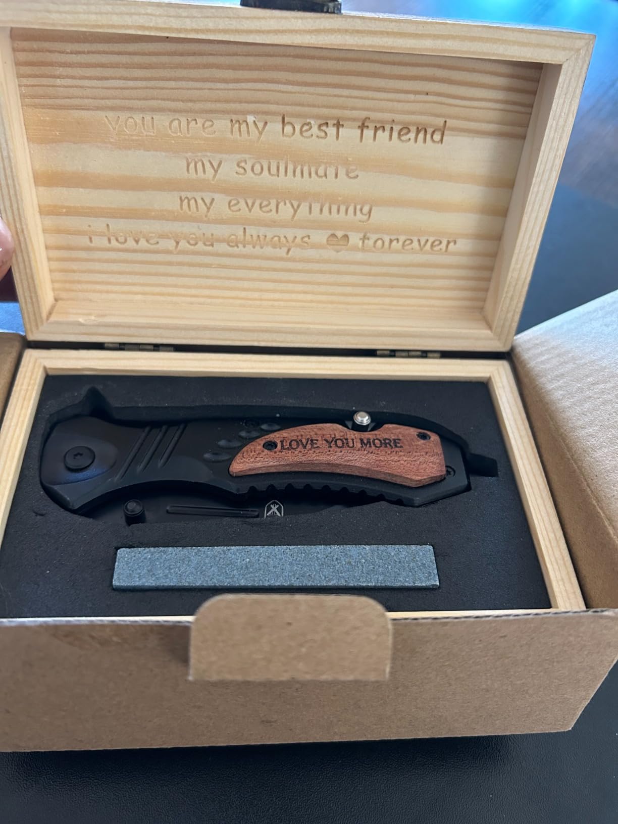 Gifts for Him Husband Men Valentines Day, Anniversary Birthday Gifts ideas for Boyfriend, Engraved Pocket Knife, Wooden Handle Folding Knife with Wood Box, Unique Outdoor Camping Hunting Fishing Tool Customer Review Gifts for Him Husband Men Valentines Day, Anniversary Birthday Gifts ideas for Boyfriend, Engraved Pocket Knife, Wooden Handle Folding Knife with Wood Box, Unique Outdoor Camping Hunting Fishing Tool - Customer Photo 1