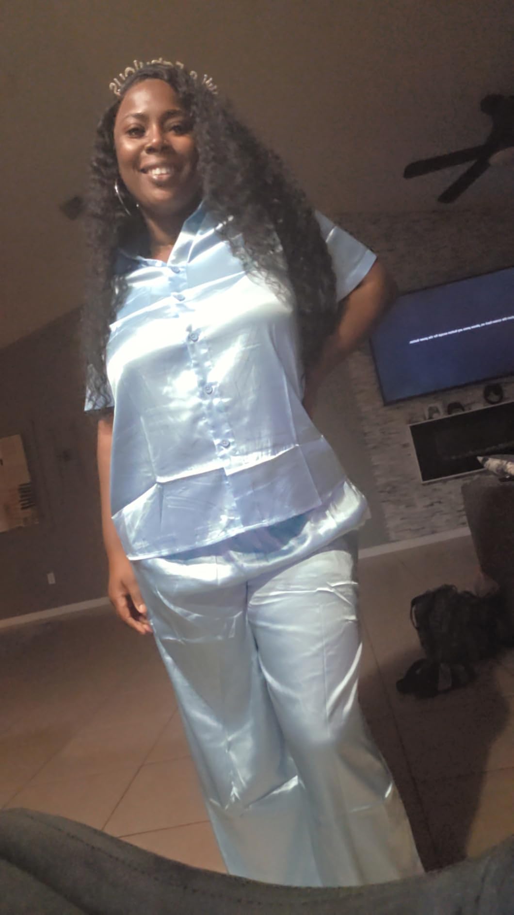 Ekouaer Silk Pajamas for Womens Set 2 Piece Satin Pjs Soft Button Down Sleepwear Wide Leg Long Pants with Pockets Customer Review Ekouaer Silk Pajamas for Womens Set 2 Piece Satin Pjs Soft Button Down Sleepwear Wide Leg Long Pants with Pockets - Customer Photo 2