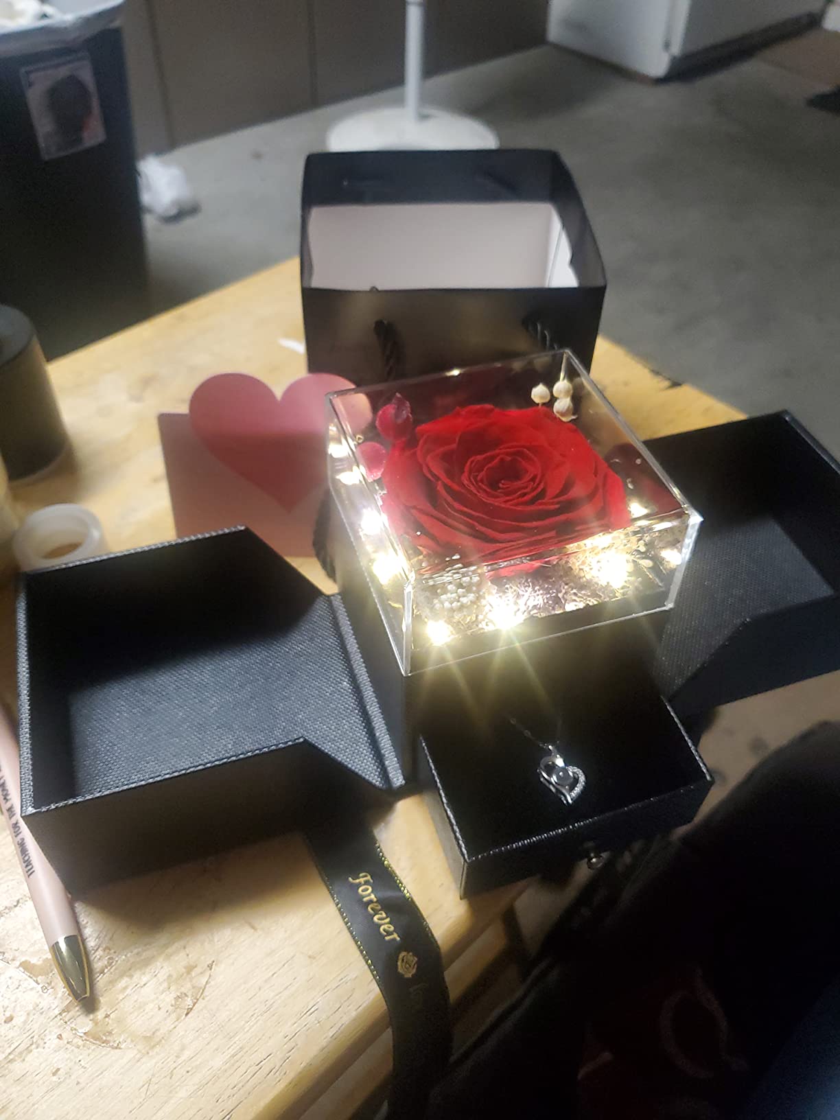 Preserved Real Red Rose with Necklace Forever Flowers Rose Valentines Day Gifts for Her Wife Girlfriend Women Mom Grandma on Valentines Mothers Day Sweetest Day Christmas Anniversary Romantic-Red - Customer Photo 3