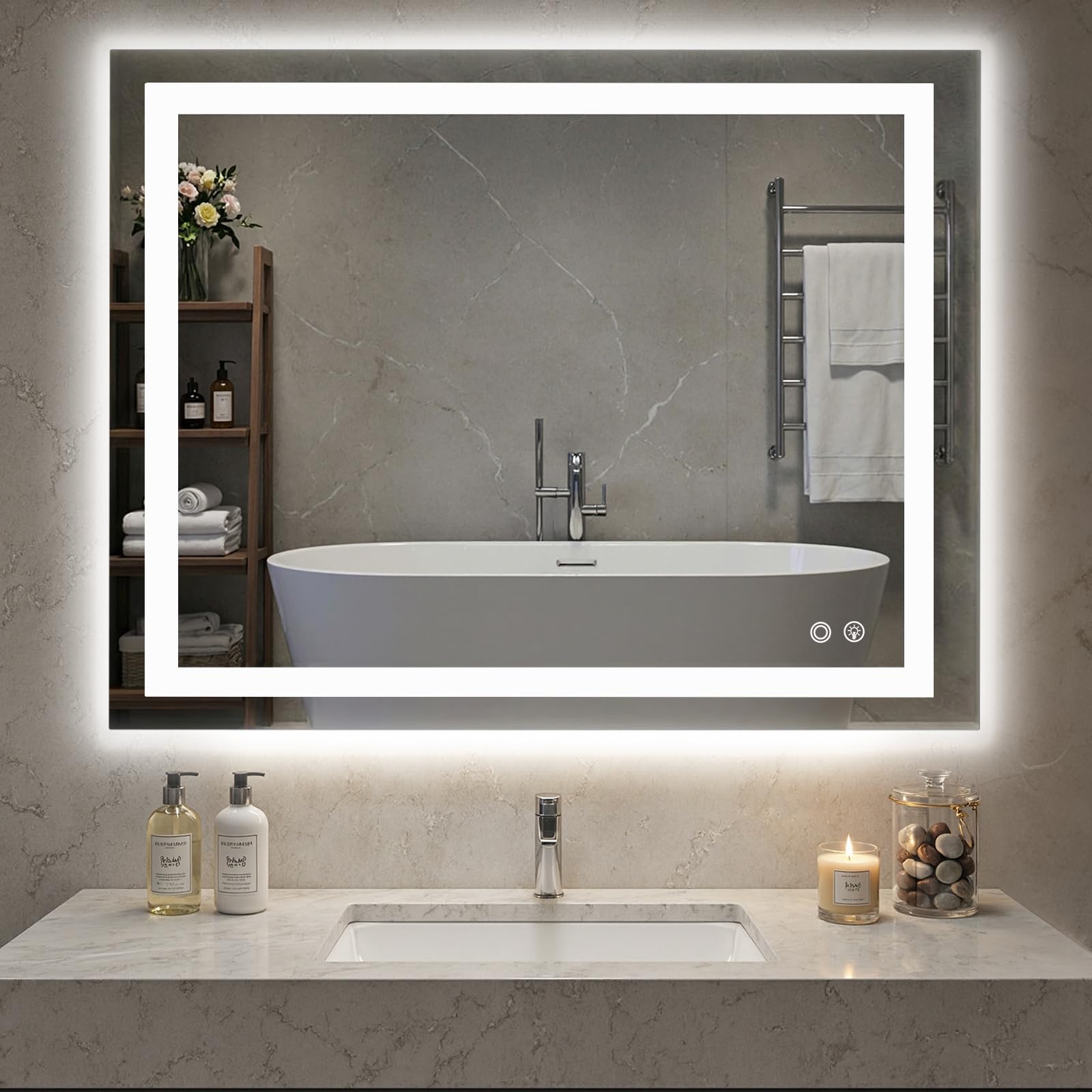 NEWBULIG Smart Anti-Fog LED Bathroom Mirror with Front Light & Backlit, 3 Color Modes, Dimmable, Memory Function, Wall-Mounted Modern Rectangular Vanity Mirror, White, 36