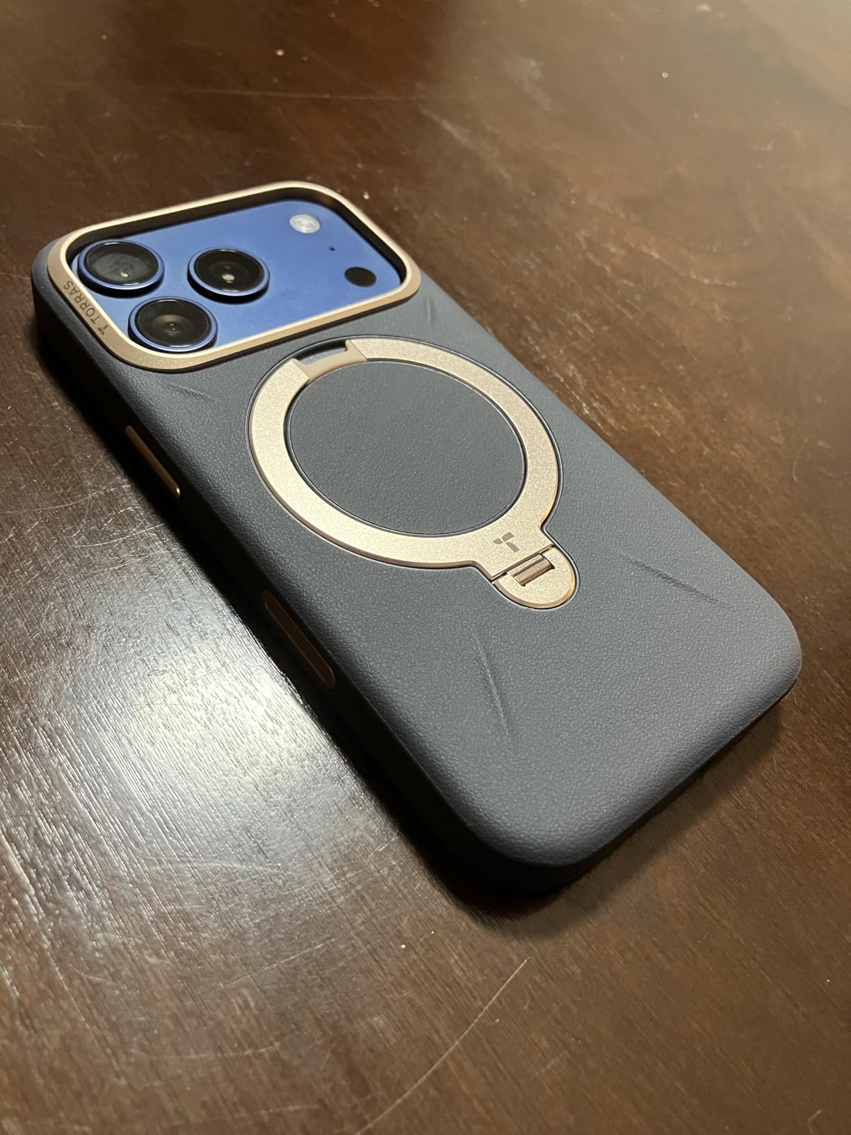 TORRAS Organic Leather for iPhone 17 Pro Case with Stand, Fit for Magsafe, 360 Spin Kickstand with Camera Control, Premium Leather Durable Stylish Q3 VegSkin for iPhone 17 Pro Phone Case, Deep Blue customer photo 2