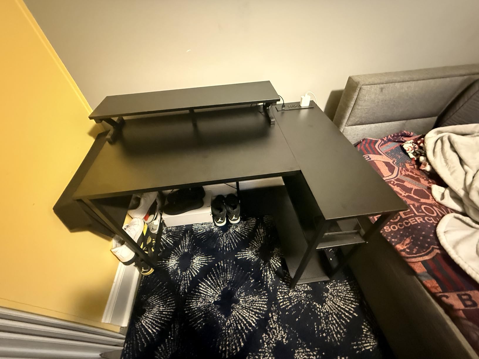 DUMOS Gaming Desk, Computer Desk with USB Charging Ports, Power Outlets, Type-C and LED Lights, Reversible L Shaped Desk with Storage Shelves & Monitor Stand for Office, Gaming Room Black 40IN customer photo 2