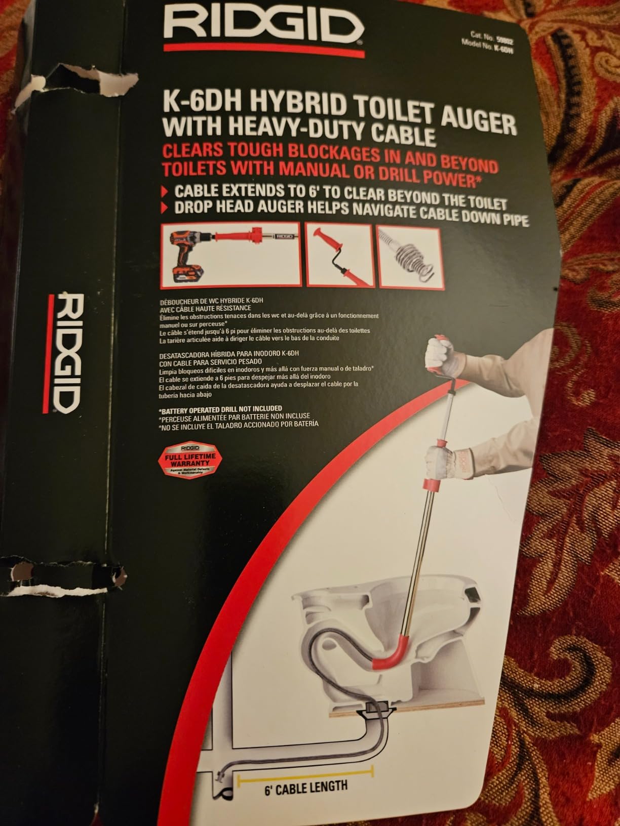RIDGID 59802 K-6DH Hybrid Toilet Snake Auger with 6' Heavy-Duty Drop Head Tri-Wrap Cable, Manual or Cordless Drill Operated Plumbing Toilet Drain Snake Auger customer photo 1
