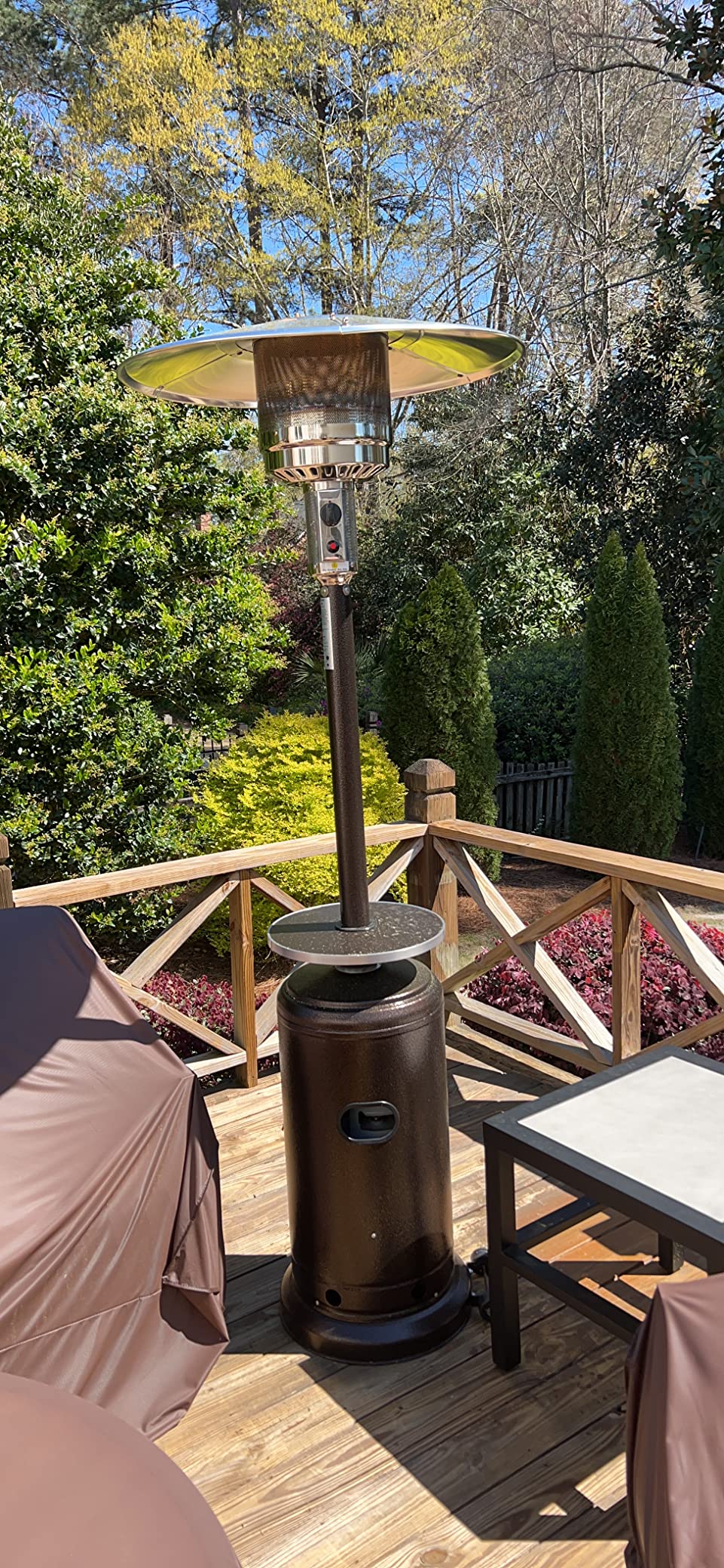 AZ Patio Outdoor Propane Gas Patio Heater, 48K BTU's, Open Door Design, Adjustable Table, Single pole, CSA approved, Hammered Bronze Finish customer photo 1