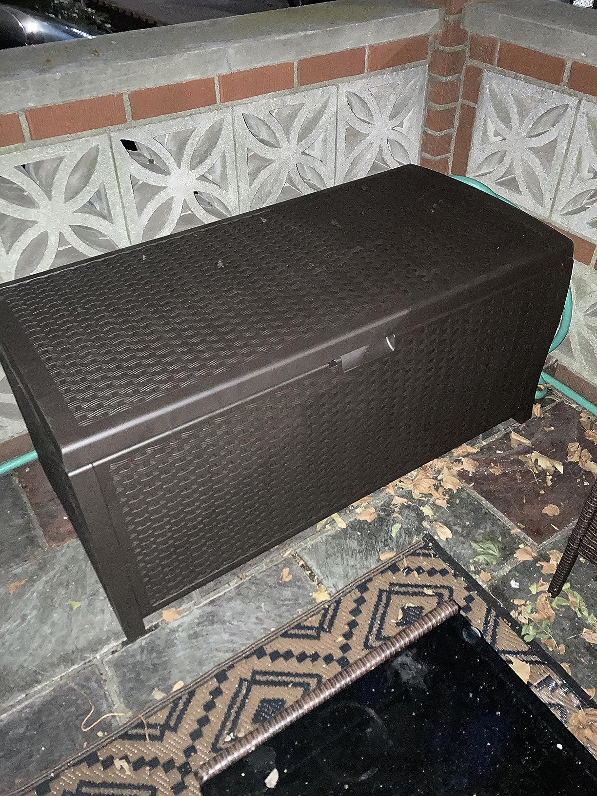 Suncast Outdoor Storage Box - 73 Gallon Mocha Brown Deck Box for Patio, Waterproof Outdoor Storage Bench, Resin Wicker Style, Heavy-Duty, Lockable Lid for Cushions, Shoes, Pool & Garden Gear customer photo 1