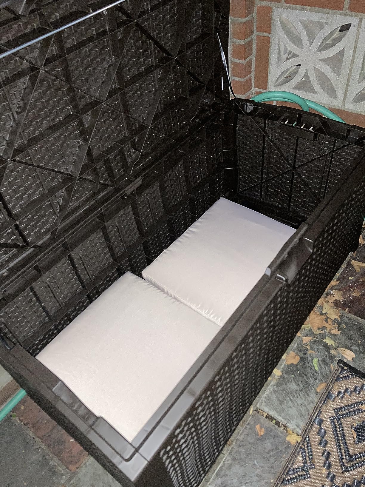 Suncast Outdoor Storage Box - 73 Gallon Mocha Brown Deck Box for Patio, Waterproof Outdoor Storage Bench, Resin Wicker Style, Heavy-Duty, Lockable Lid for Cushions, Shoes, Pool & Garden Gear customer photo 2