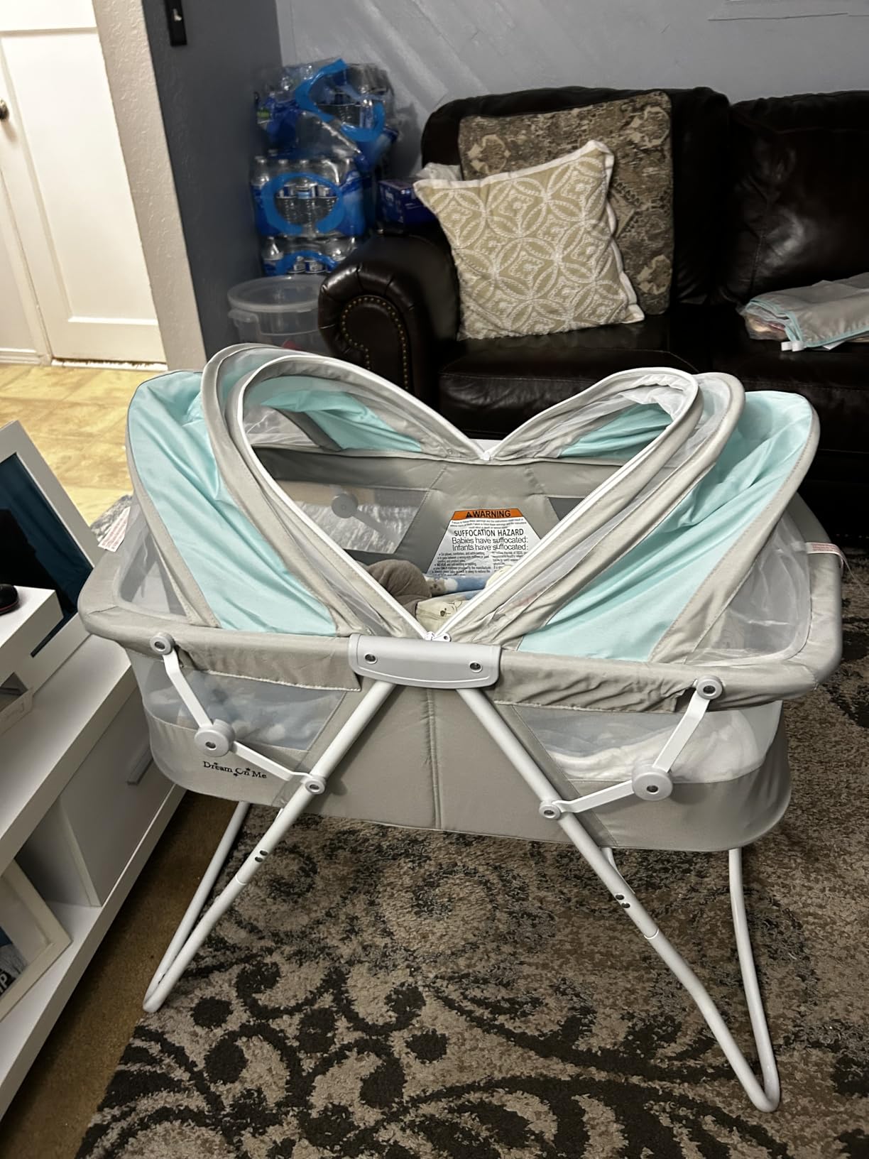 Dream On Me Karley Bassinet, Award Winner Lightweight Travel Baby Bassinet, Foldable Bedside Sleeper, Adjustable Double Canopy, Spacious Design, Soft Fabric, Storage Basket - Blue and Grey customer photo 1