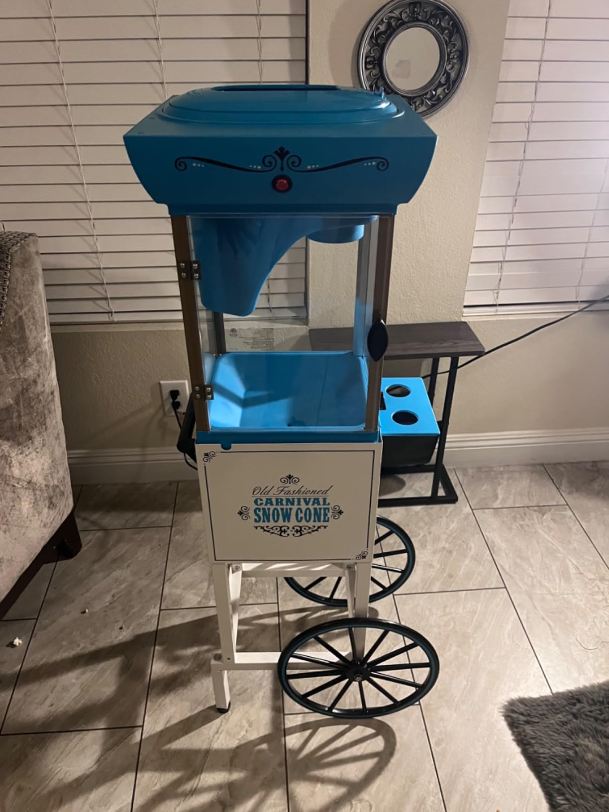 Nostalgia Snow Cone Shaved Ice Machine - Retro Cart Slushie Machine Makes 48 Icy Treats - Includes Metal Scoop, Storage Compartment, Wheels for Easy Mobility - White, Blue customer photo 1