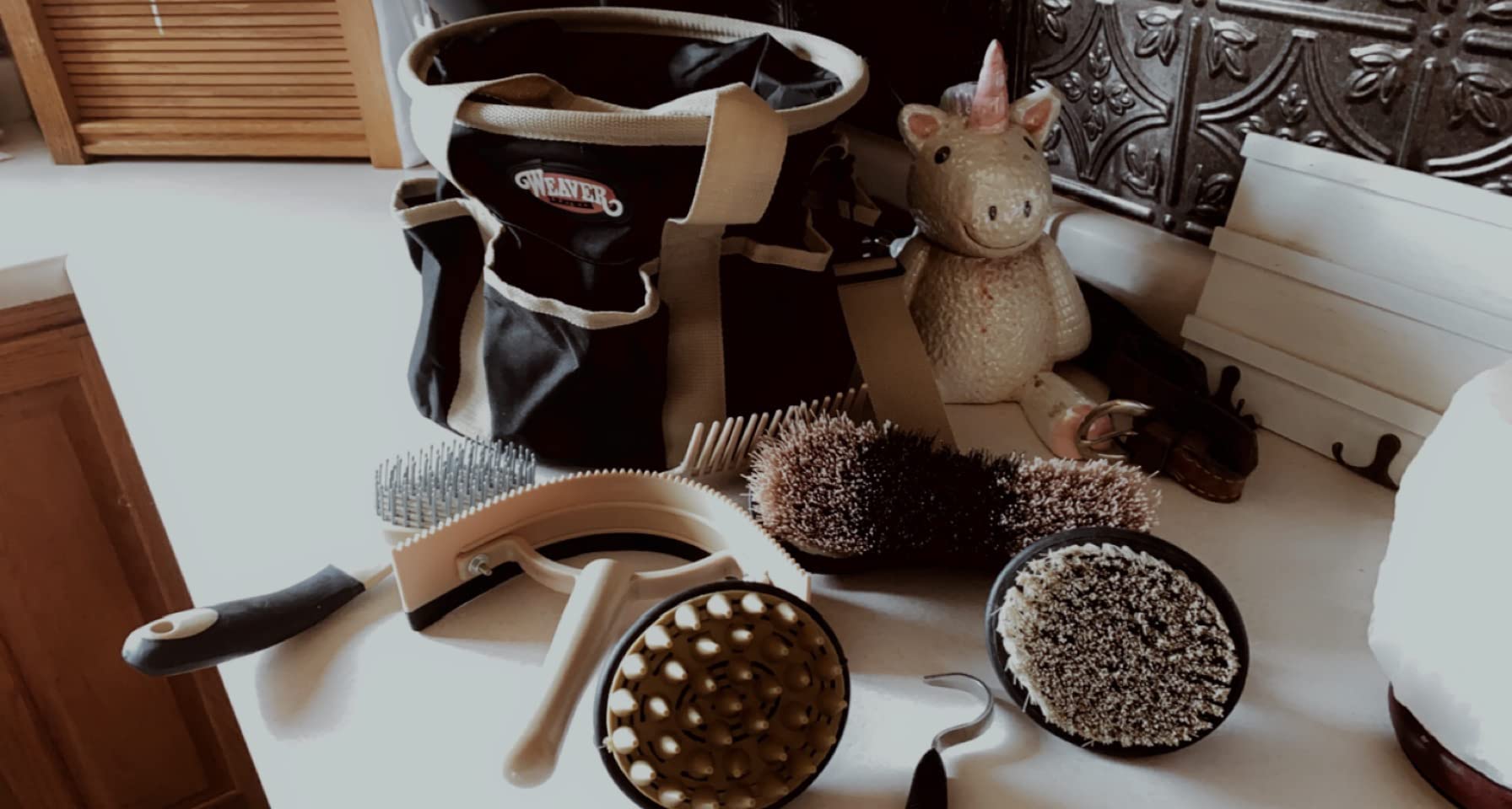 Weaver Equine Horse Grooming Kit, 7-Piece Horse Brush Set with Organizer Tote Bag, Hoof Pick, Comb, Sweat Scraper, Equine Tools for Daily Grooming, Black/Beige customer photo 2