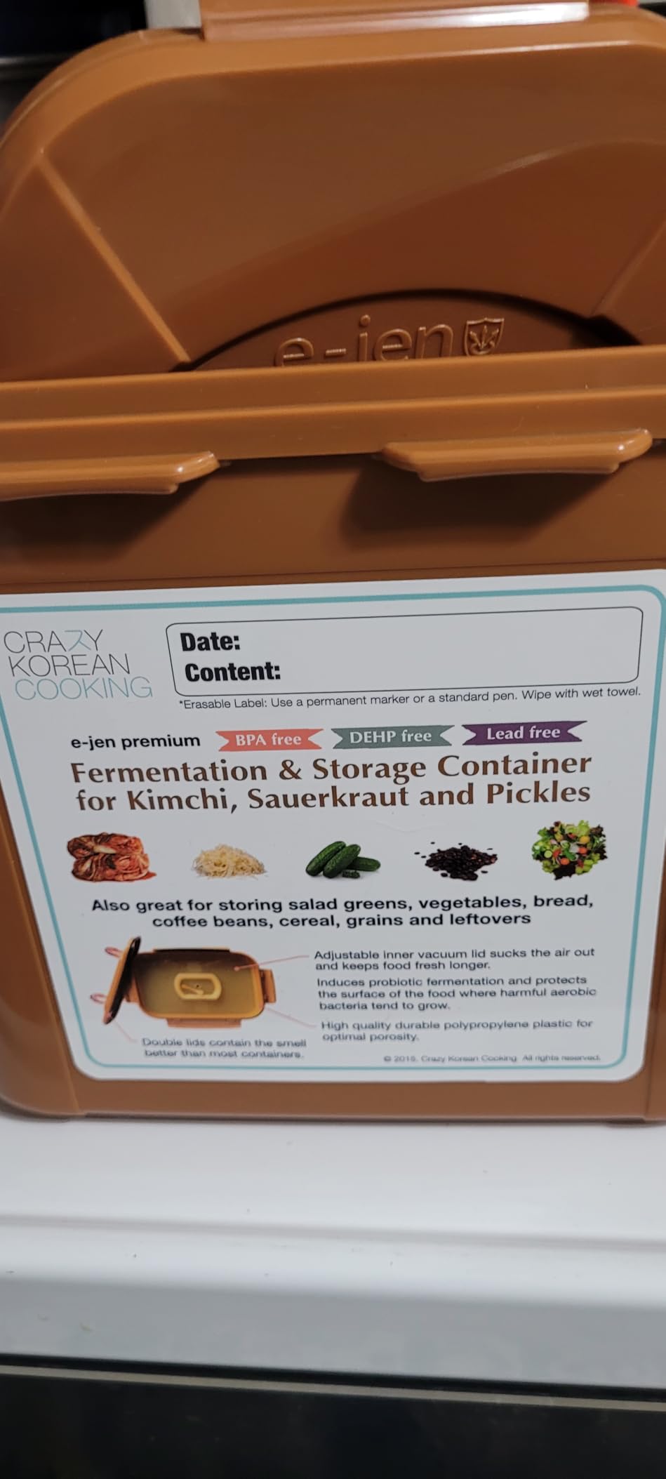 Crazy Korean Cooking Premium Kimchi, Sauerkraut Fermentation and Storage Container with Inner Vacuum Lid, Sandy Brown, 0.9 gallon (3.4 L) (0.9 Gal (3.4L) 1 PACK) customer photo 1