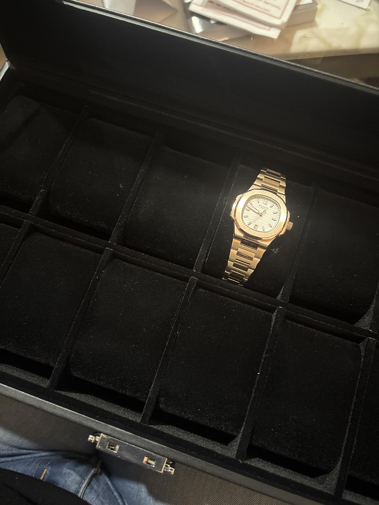 SONGMICS Watch Box, 12-Slot Watch Case Organizer with Large Glass Lid, 2 Layers, Removable Pillows, Metal Lock, Gift for Loved Ones, Black Synthetic Leather, Gray Lining UJWB012 customer photo 1