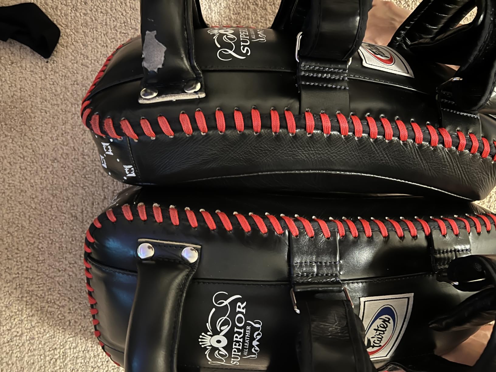 Fairtex KPLS2 Muay Thai Kick Pads Superior All Genuine Leather | Professional Training Pads for Boxing, MMA, and More | Cow Hide Leather, Curved Design, Hook & Loop Closure, Padded Straps (Black/Red) customer photo 1