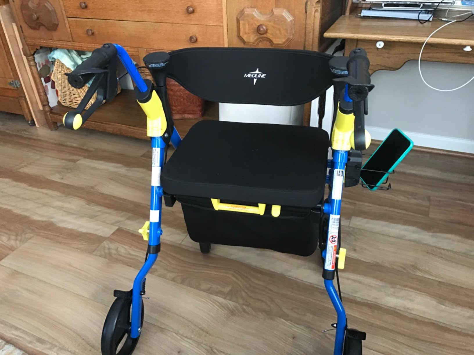 Medline Premium Empower Folding Mobility Rollator Walker with Memory Foam Seat, Black & Blue, 300 lb. Weight Capacity, 8