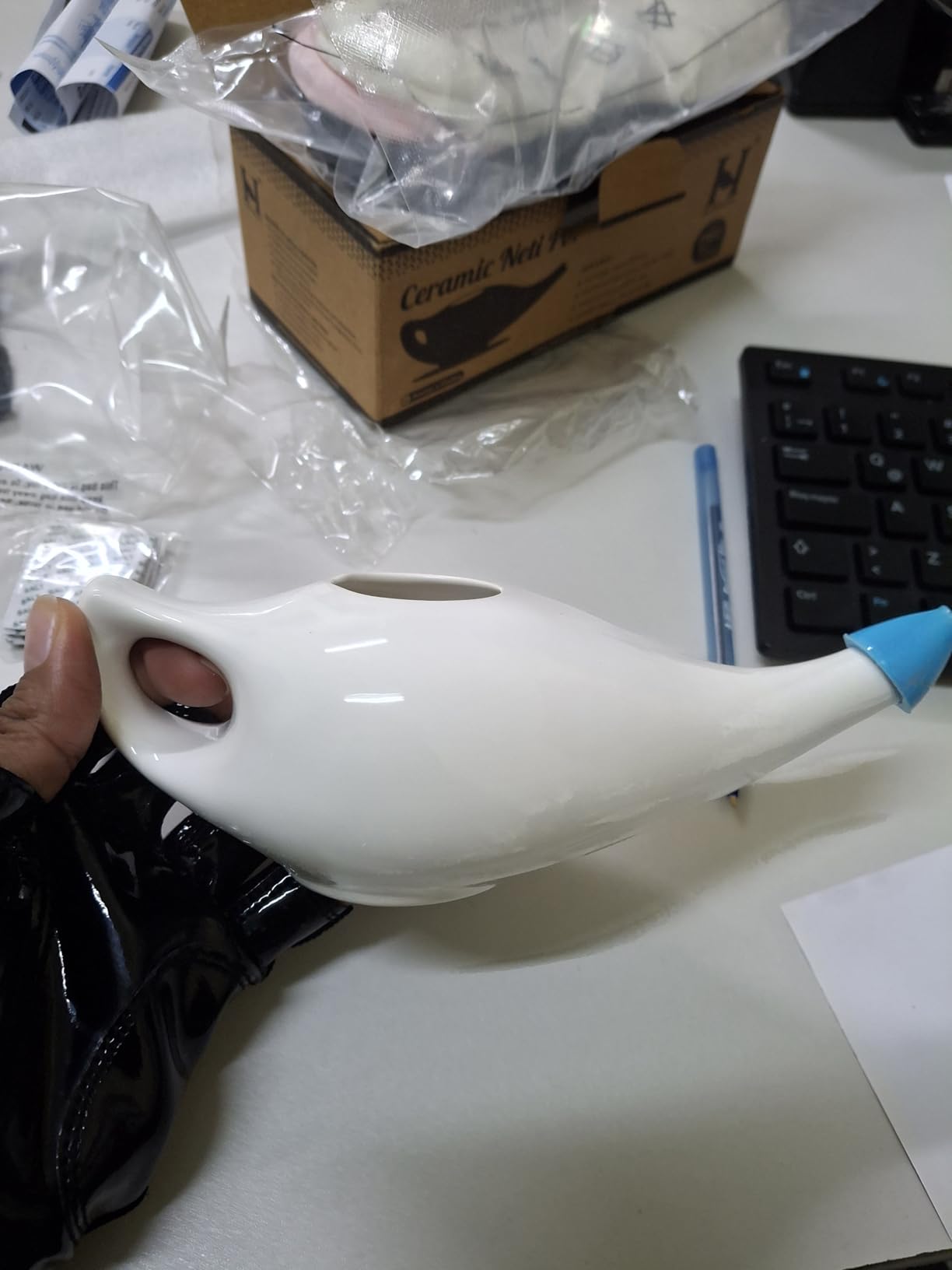 Ceramic Neti Pot Premium Handcrafted, Nose Cleaner for Sinus Dishwasher Safe with 2 Silicone Nozzle Tip, 225 Ml Capacity - White Color customer photo 1