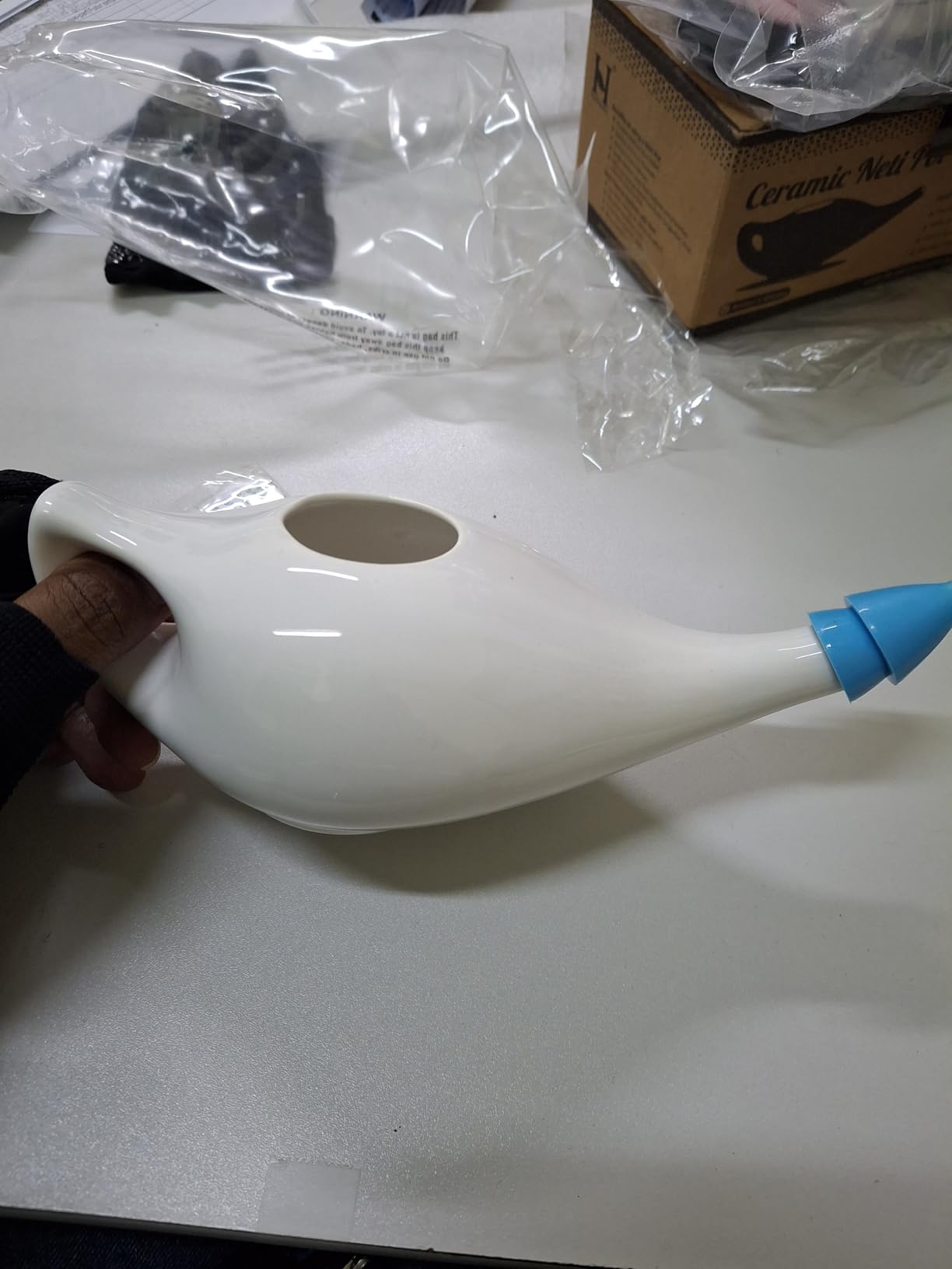 Ceramic Neti Pot Premium Handcrafted, Nose Cleaner for Sinus Dishwasher Safe with 2 Silicone Nozzle Tip, 225 Ml Capacity - White Color customer photo 2