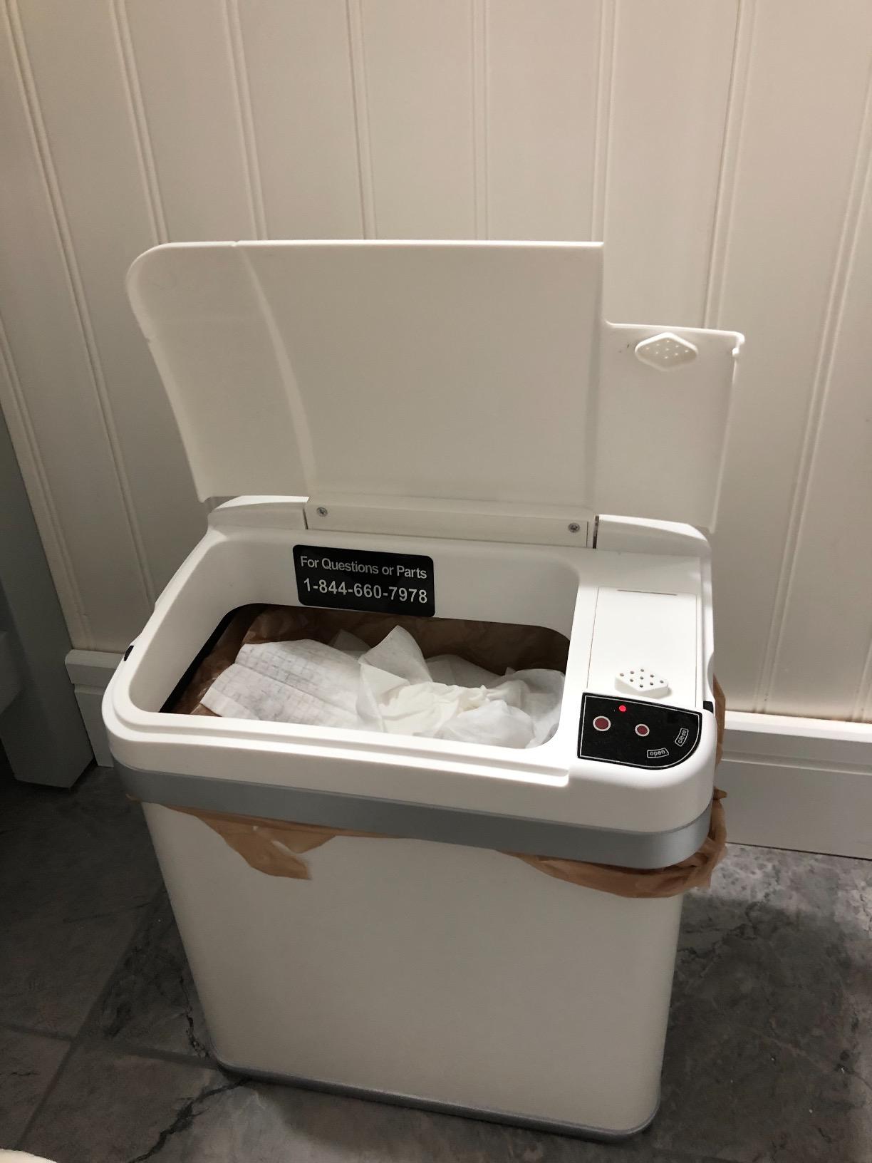 iTouchless 10 Liter / 2.5 Gal Sensor Bathroom Trash Can with Lid and AbsorbX Odor Filter, White Stainless Steel Small Waste Basket Includes Air Freshener Fragrance Pack, Home Office Bedroom Livingroom customer photo 2