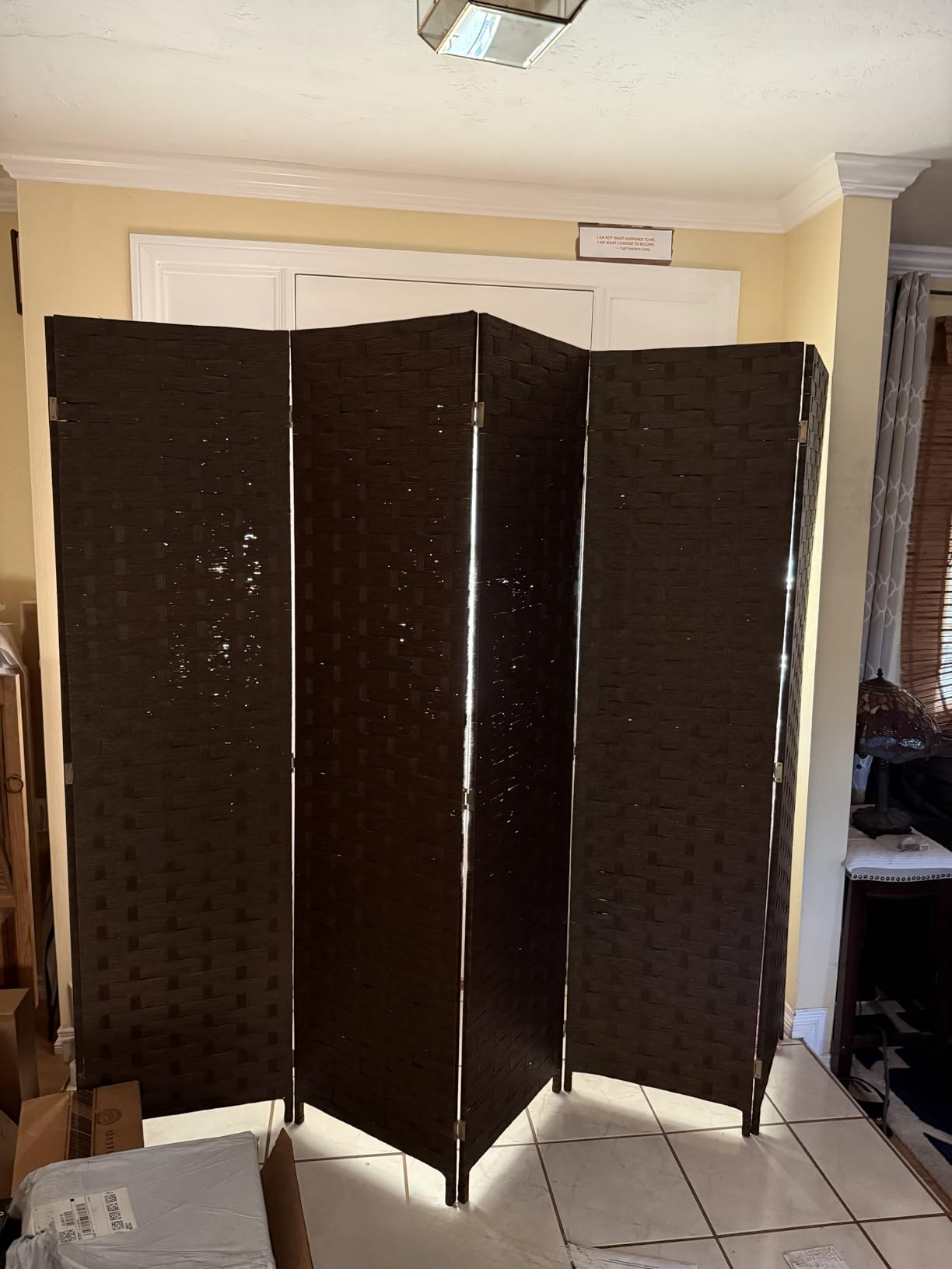 FDW Room Divider 6FT Wall Divider Wood Screen 4 Panels Wood Mesh Hand-Woven Design Room Screen Divider Indoor Folding Portable Partition Screen, Black customer photo 2