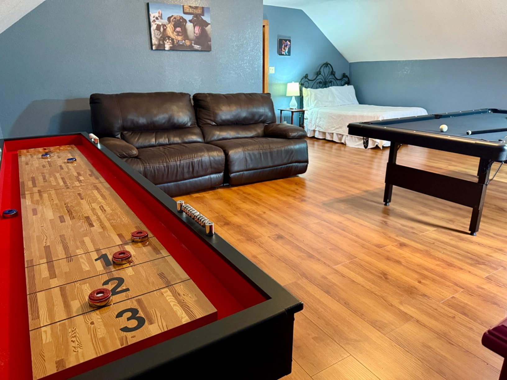 Hathaway Avenger 9 Ft Shuffleboard Table for Family Game Room - Poly-Coated Playfield, Built-in Scorer & Cabinet, Carpeted Gutters, 8 Pucks, Brush & Wax - Black Finish customer photo 1