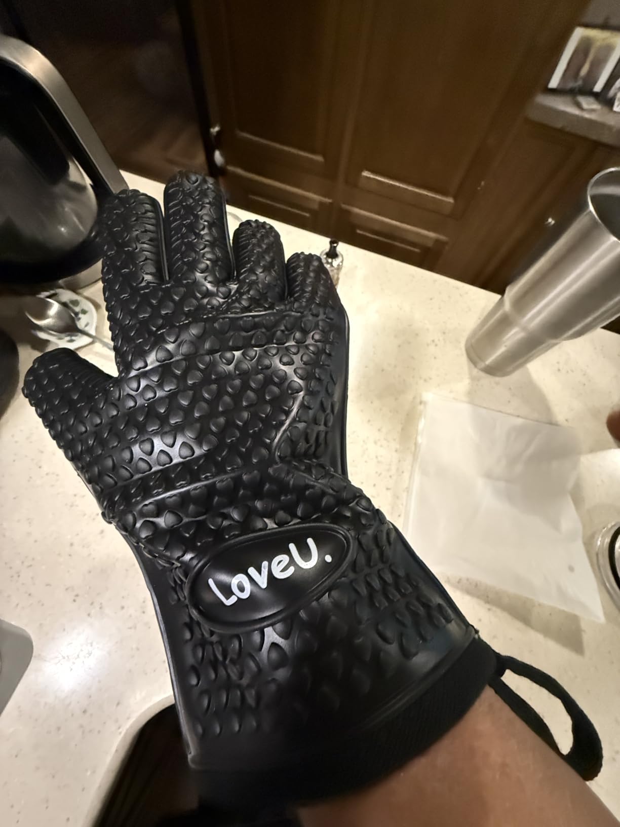 Kitchen Oven Gloves - Dual-Layer Heat Resistant Grilling Gloves, Silicone Oven Mitts with 5 Fingers, Waterproof Non-Slip Pot Holder for Barbecue, Cooking, Baking customer photo 1