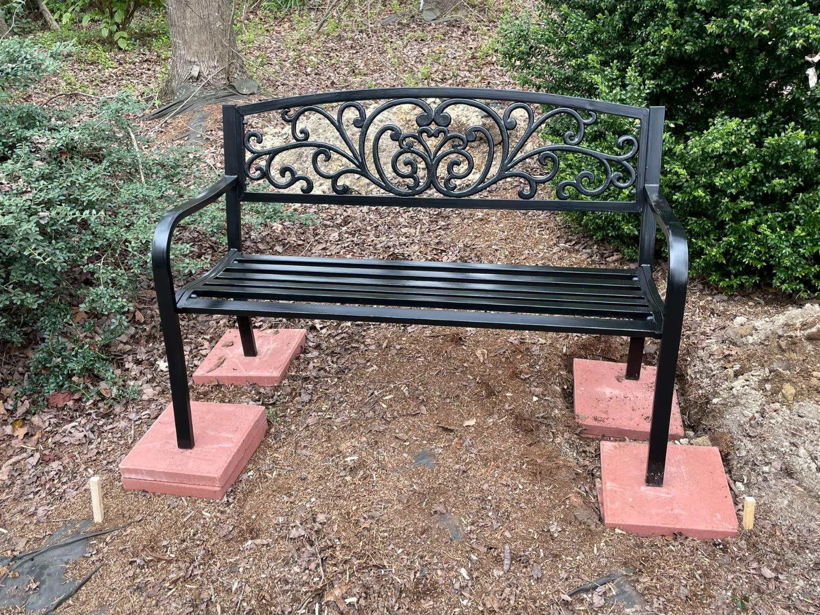 Best Choice Products Outdoor Bench Steel Garden Patio Porch Furniture for Lawn, Park, Deck w/Floral Design Backrest, Slatted Seat - Black customer photo 2