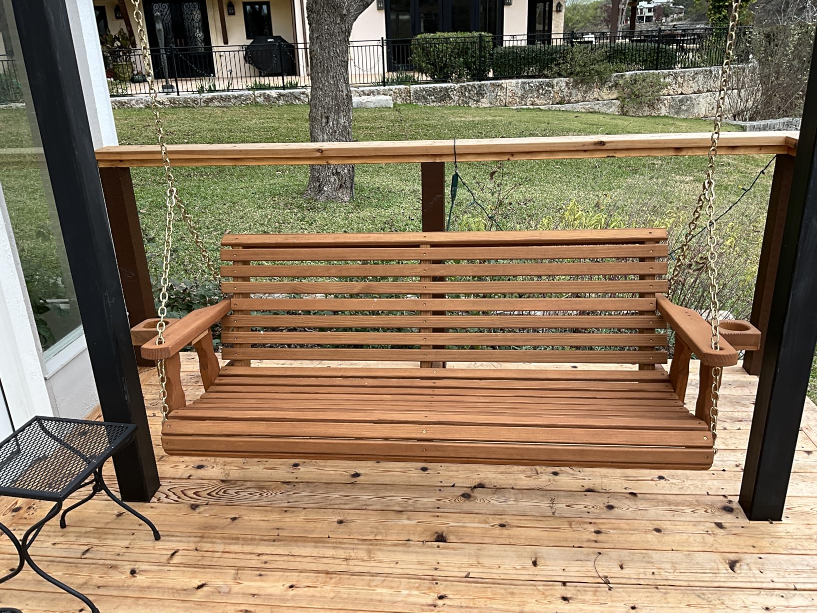 Amish Casual 5 Foot Roll Back Heavy Duty Wooden Porch Swing with Cup Holders in Cedar Stain - Amish Made in The USA from Treated Pine, Outdoor Hanging Bench Swing with 700 Lb. Weight Capacity customer photo 2
