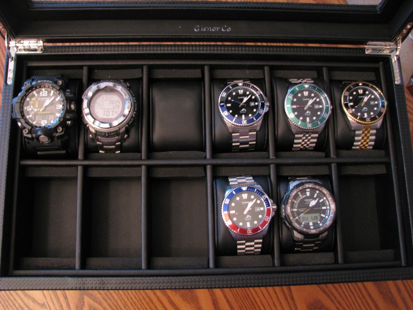 Glenor Co Watch Box for Men - 24 Slot Luxury Display Case Organizer, Carbon Fiber Design -Metal Buckle for Mens Jewelry Watches, Men's Storage Holder w Large Glass Top, Drawer & Leather Pillows- Black customer photo 2