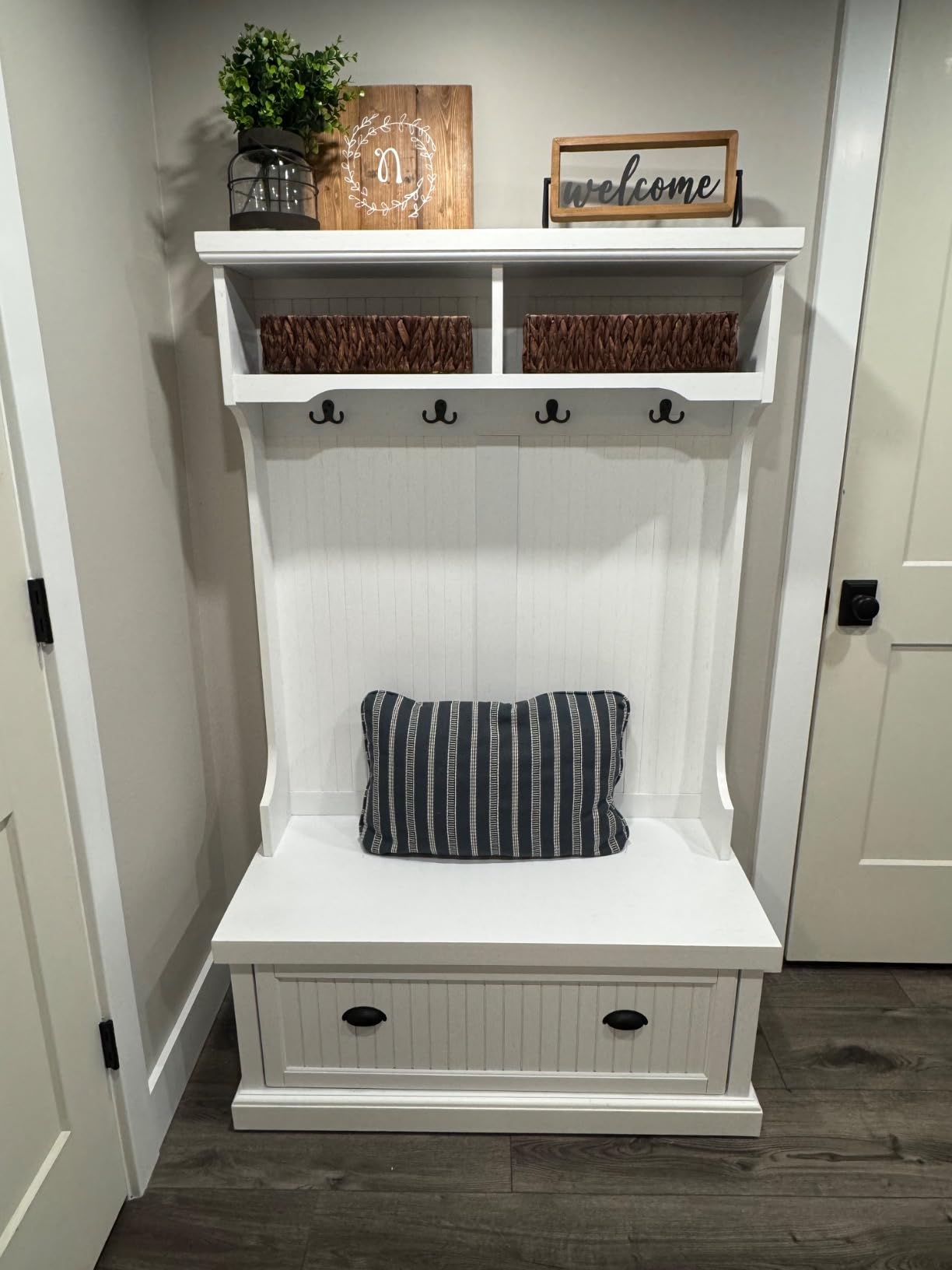 Crosley Furniture Seaside Hall Tree with Shoe Rack Bench and Coat Hooks for Hanging Storage, Distressed White customer photo 1