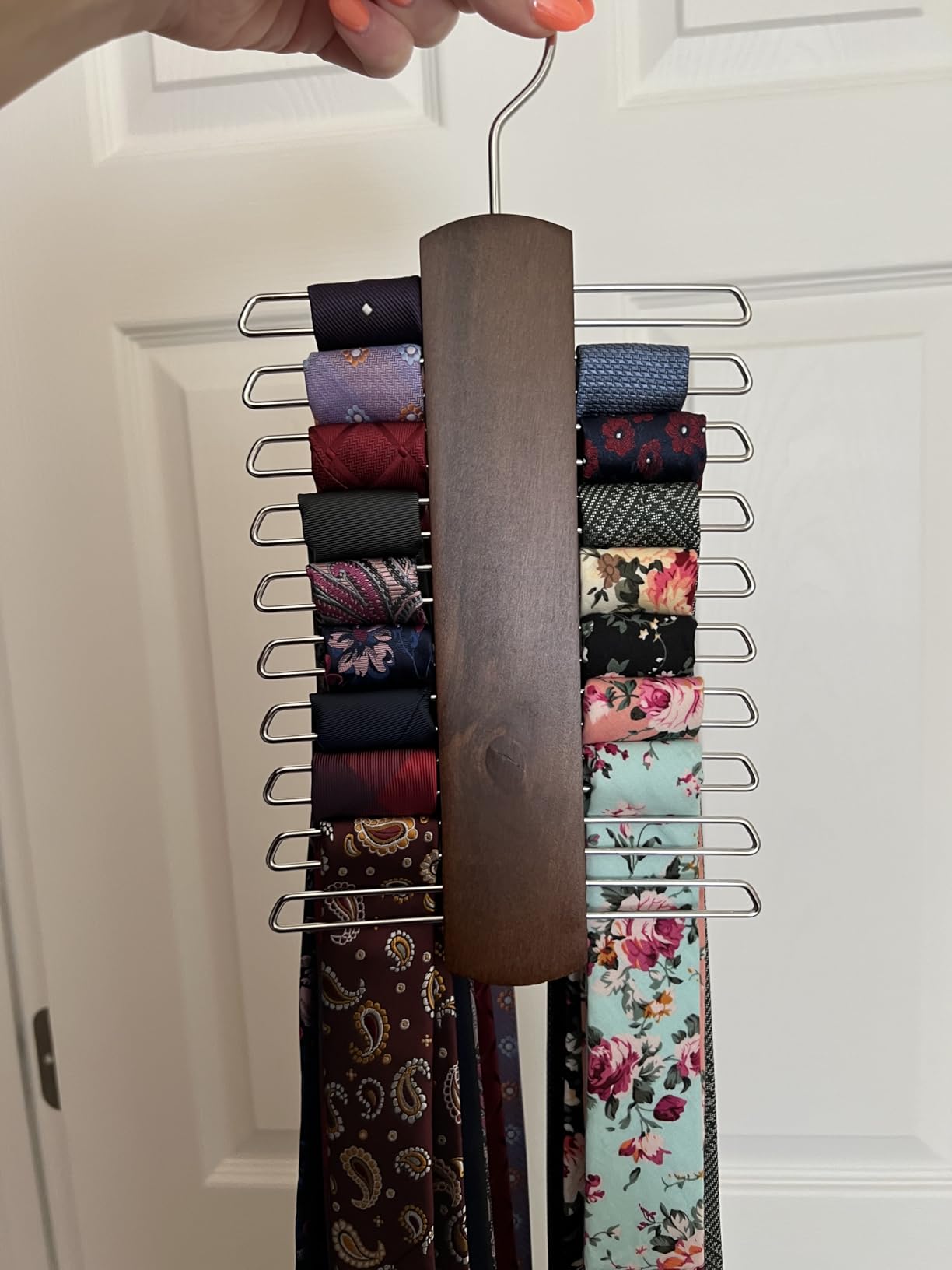 Umo Lorenzo Premium Wooden Necktie and Belt Hanger, Walnut Wood Center Organizer and Storage Rack with a Non-Slip Finish - 20 Hooks (Wooden) customer photo 1