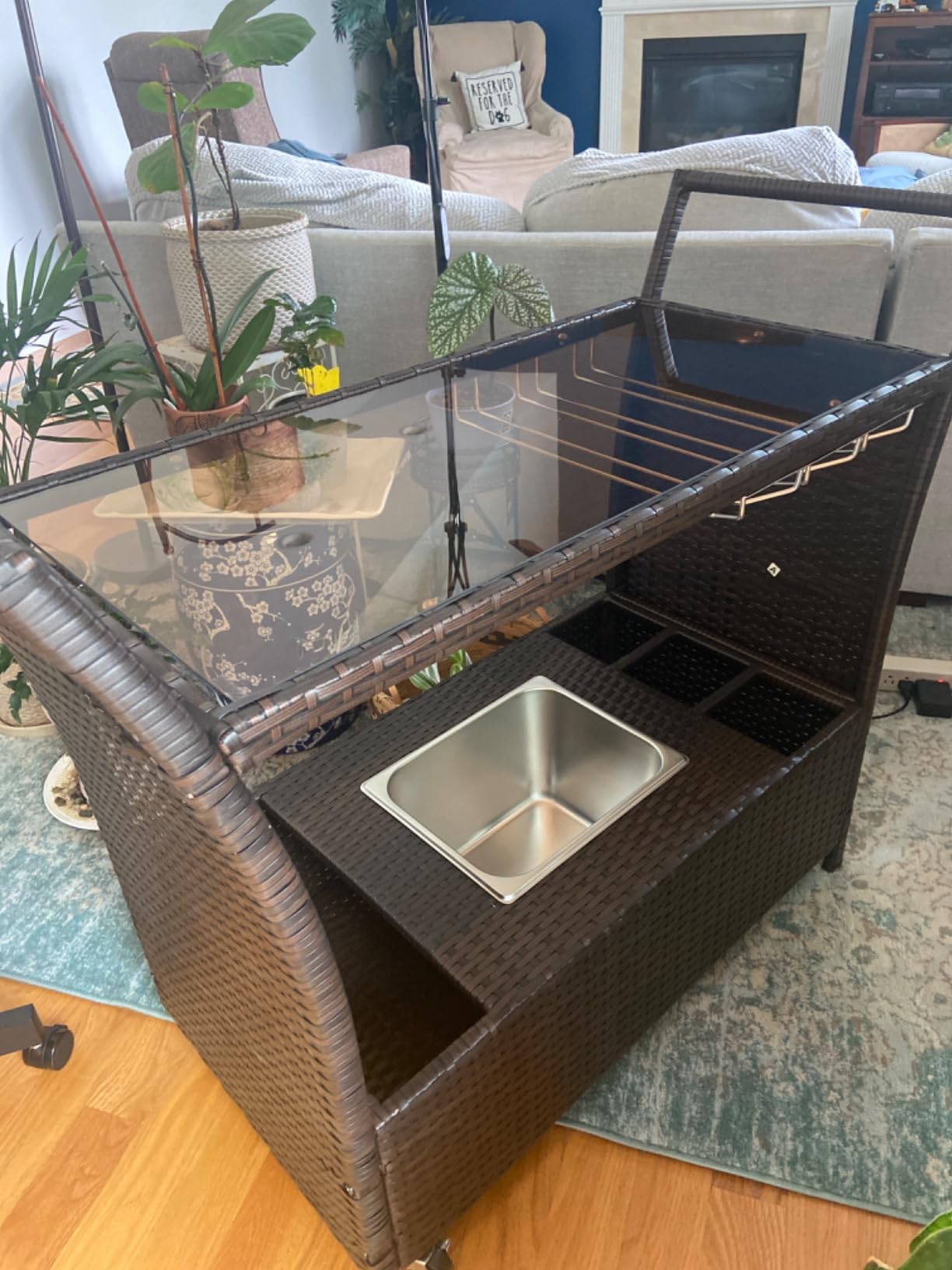 Best Choice Products Outdoor Rolling Wicker Bar Cart w/Removable Ice Bucket, Glass Countertop, Wine Glass Holders, Storage Compartments - Brown customer photo 1