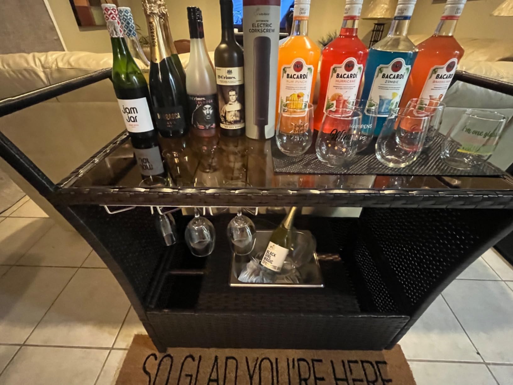 Best Choice Products Outdoor Rolling Wicker Bar Cart w/Removable Ice Bucket, Glass Countertop, Wine Glass Holders, Storage Compartments - Brown customer photo 2