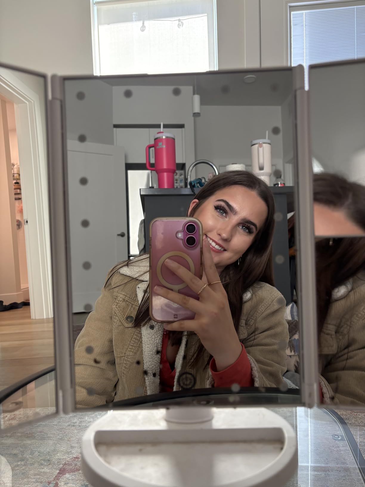 deweisn Dresser Mount Tri-Fold Lighted Vanity Mirror with 21 LED Lights, Touch Screen and 3X/2X/1X Magnification, Two Power Supply Modes Make Up Mirror,Travel Mirror customer photo 2