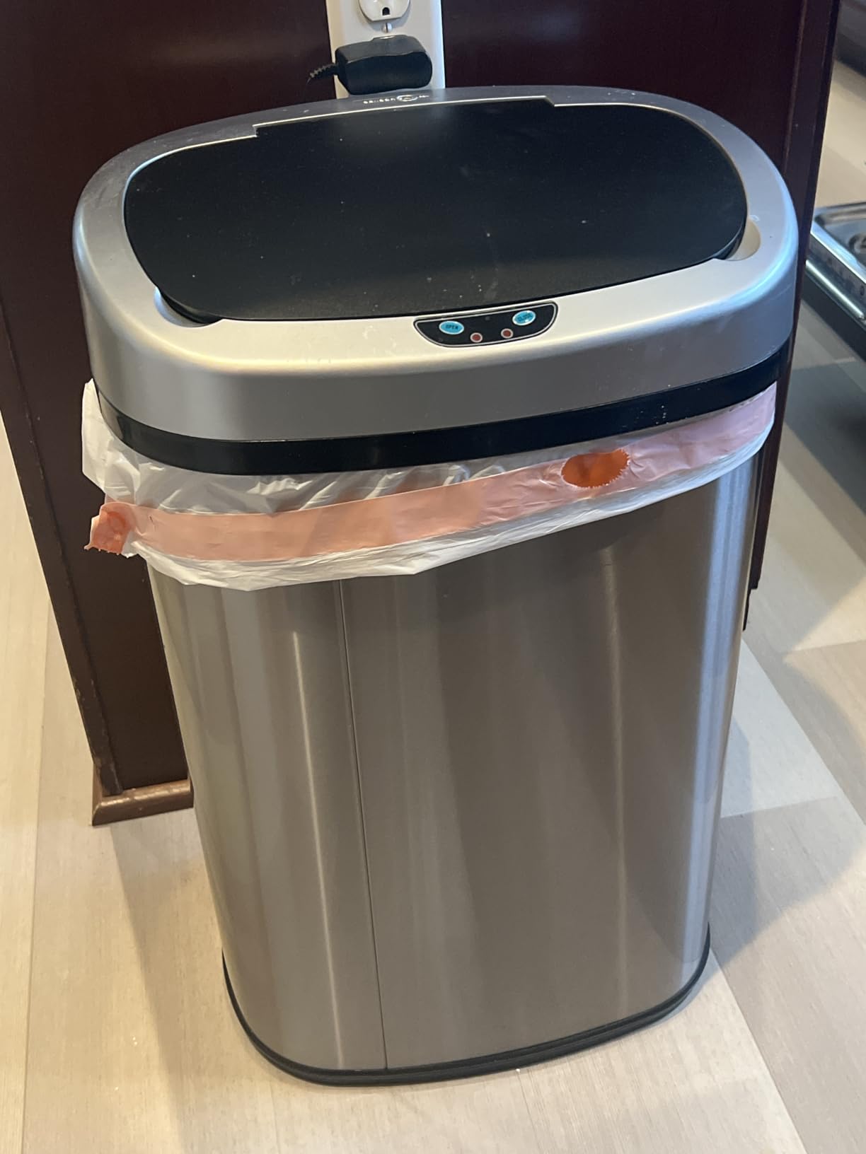 SensorCan 13 Gallon Oval Sensor Trash Can with AC Adapter and Odor Filter, Automatic Motion Sensor Kitchen Bin, Soft-Close Stainless Steel, Slim Curved Wastebasket for Narrow Walkways, Matte Silver customer photo 1