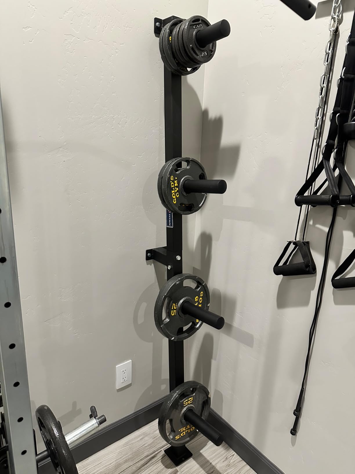 Titan Fitness Weight Plate Wall Mounted Storage Rack, Angled 4-Peg Design, Olympic Sized Weight Plate Organizer, Rated 800 LB, Anchored Wall Mounted Storage customer photo 2
