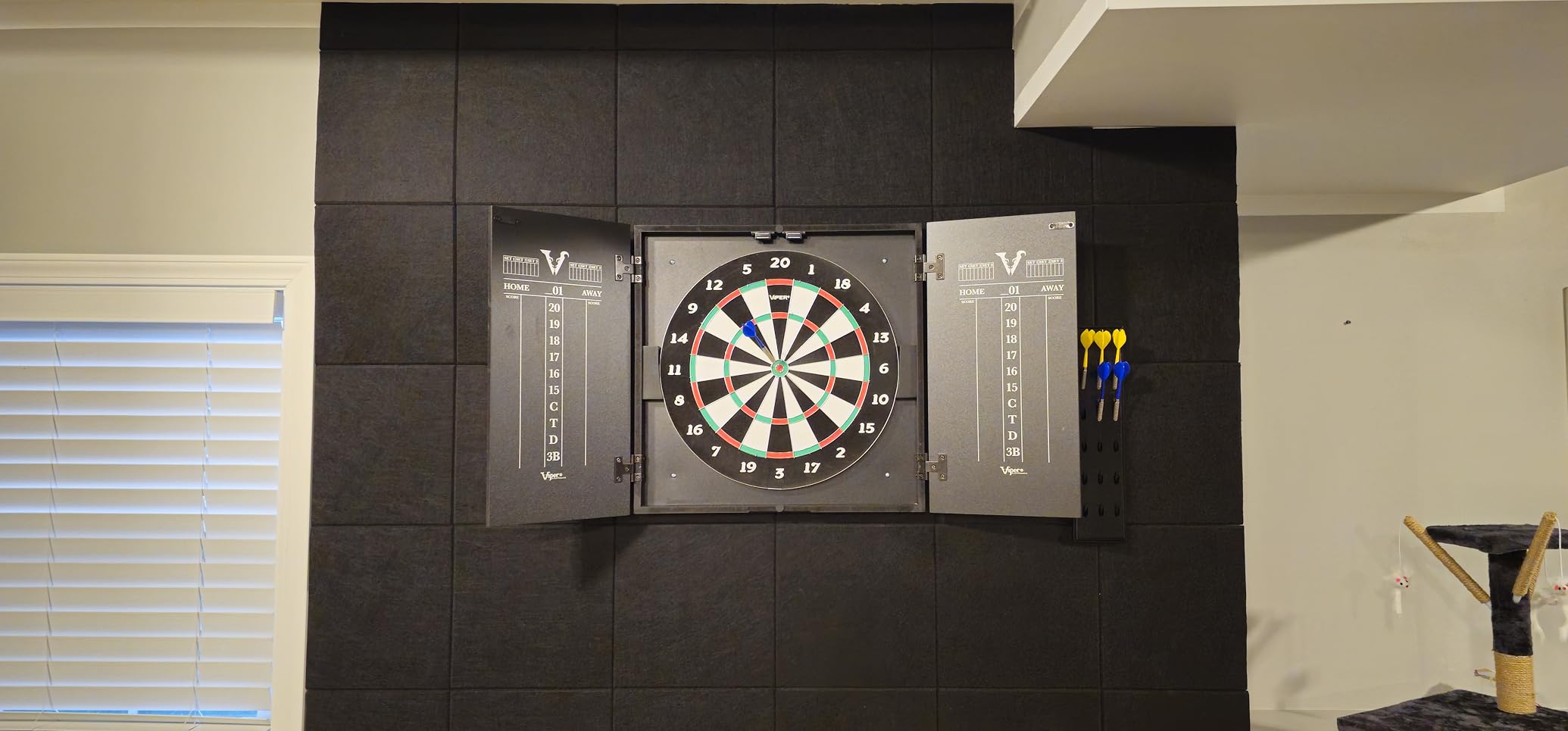 Viper Hideaway Dartboard Cabinet Set with Steel-Tip Dart Board, Reversible Board with Baseball Game Option, Two Sets of Darts, Chalk Scoreboards, and Matte Black Finish customer photo 1