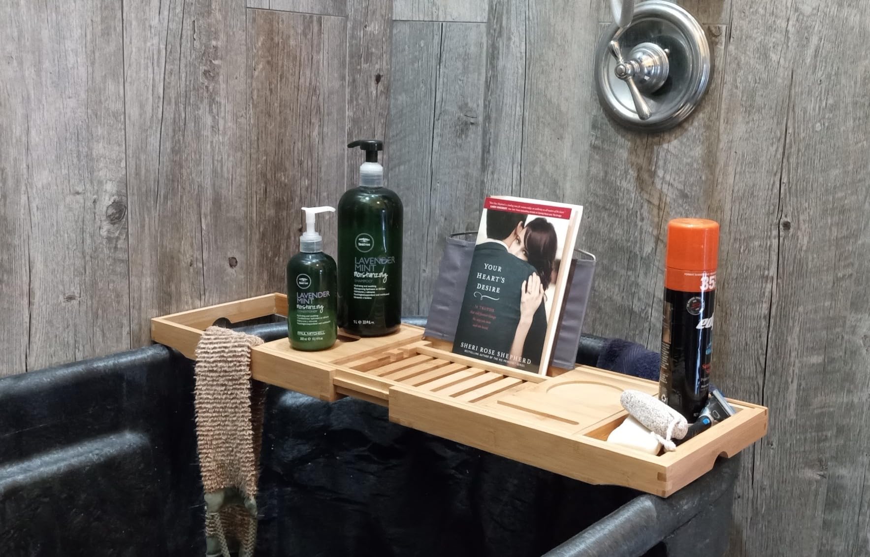 SereneLife Luxury Bamboo Bathtub Caddy Tray - Adjustable Natural Wood Bath Tub Organizer with Wine Holder, Cup Placement, Soap Dish, Book Space & Phone Slot for Spa, Bathroom & Shower - SLBCAD20 customer photo 1