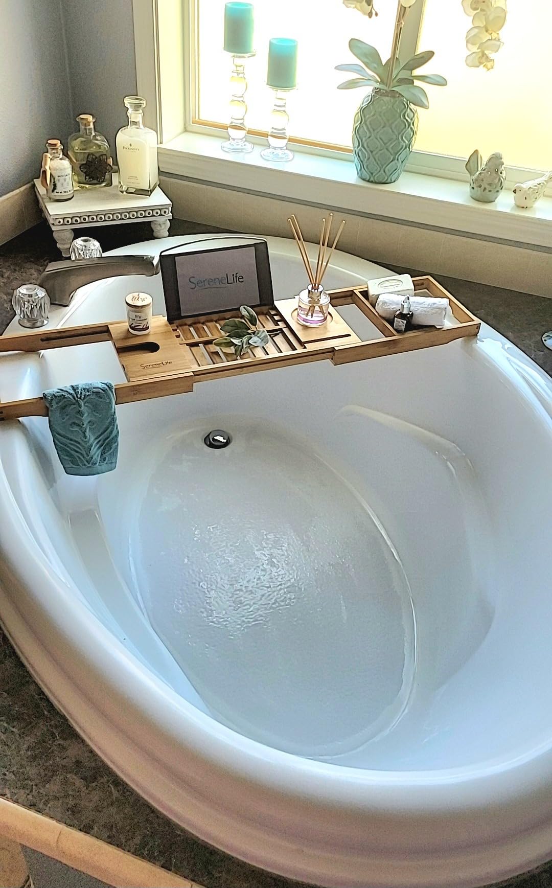 SereneLife Luxury Bamboo Bathtub Caddy Tray - Adjustable Natural Wood Bath Tub Organizer with Wine Holder, Cup Placement, Soap Dish, Book Space & Phone Slot for Spa, Bathroom & Shower - SLBCAD20 customer photo 2