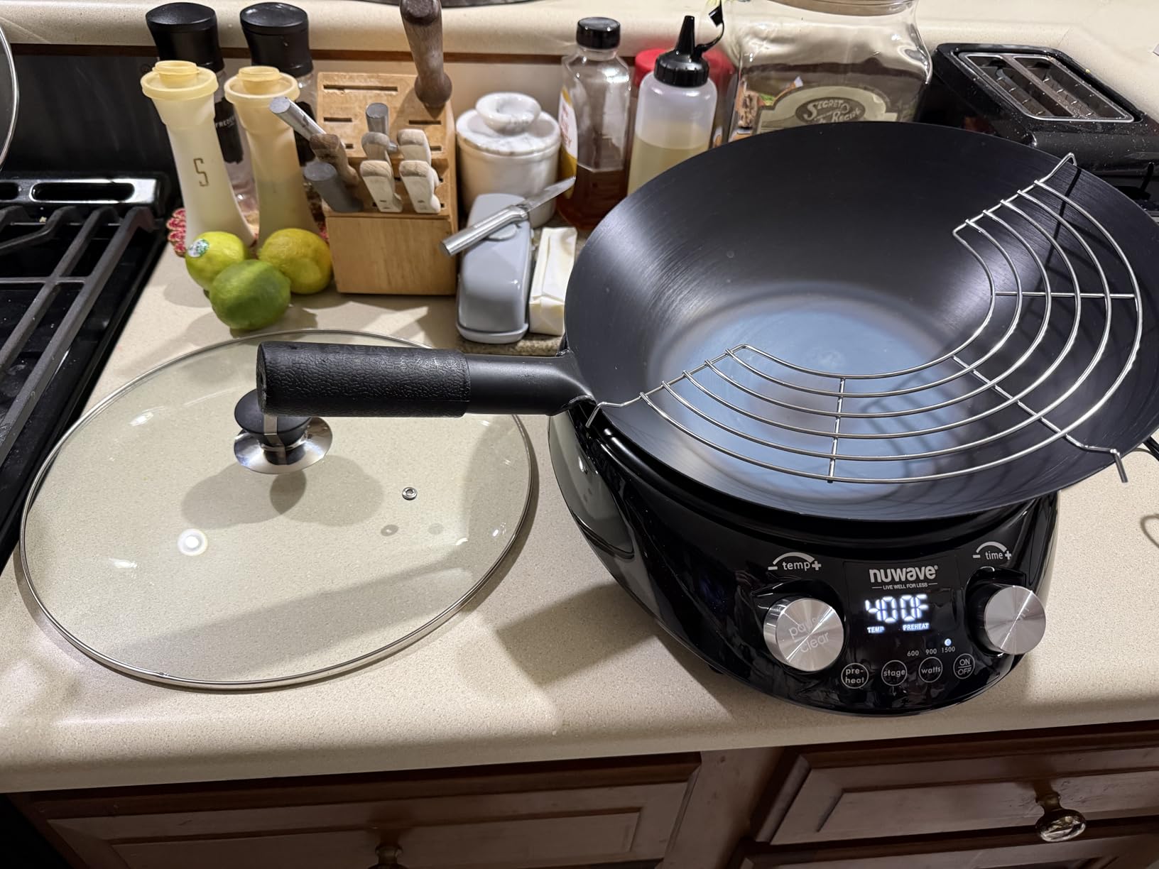 Nuwave Mosaic Induction Wok, Precise Temp Controls from 100F to 575F in 5F, Wok Hei, Infuse Complex Charred Aroma & Flavor, 3 Watts 600,900 & 1500, Authentic 14-inch Carbon Steel Wok Included, Black customer photo 2