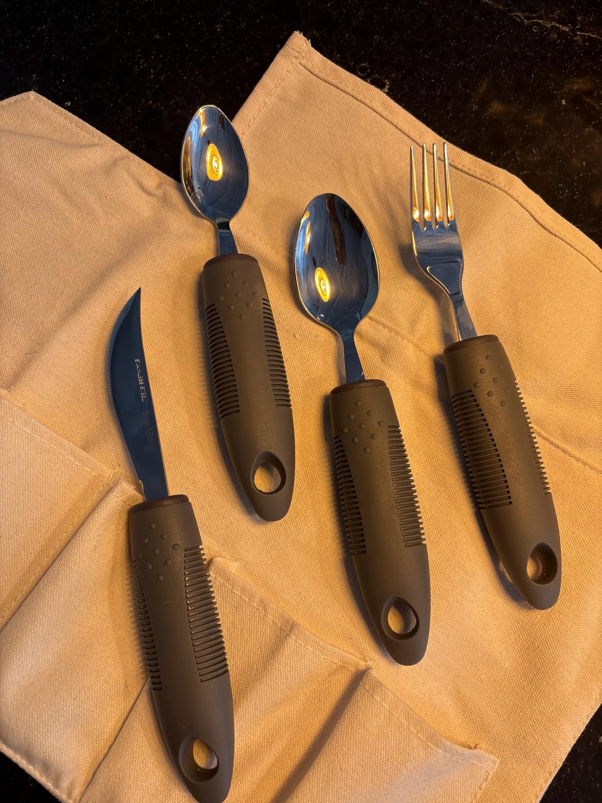 BUNMO Adaptive Utensils for Elderly, Arthritis, Weak Hand Grip, Tremors & Handicapped - Convenient Travel Pouch - 3.35oz Lightweight - Stainless Steel - Eat Independently - Adaptive Blue 4 Piece Set customer photo 1