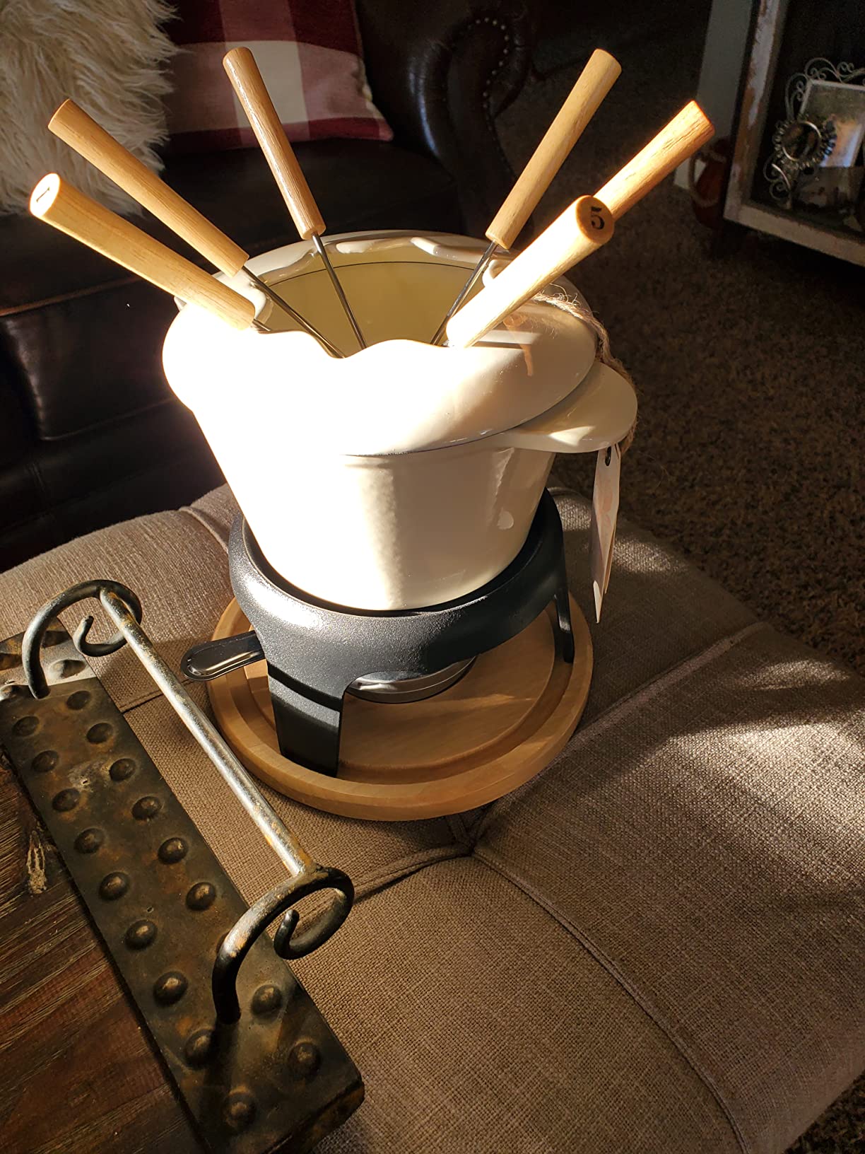 Twine Cast Iron Fondue Set with Metal Stand and Forks, Chocolate Melting Pot, Cheese Fondue Kit Set, Hosting Essentials 8.5