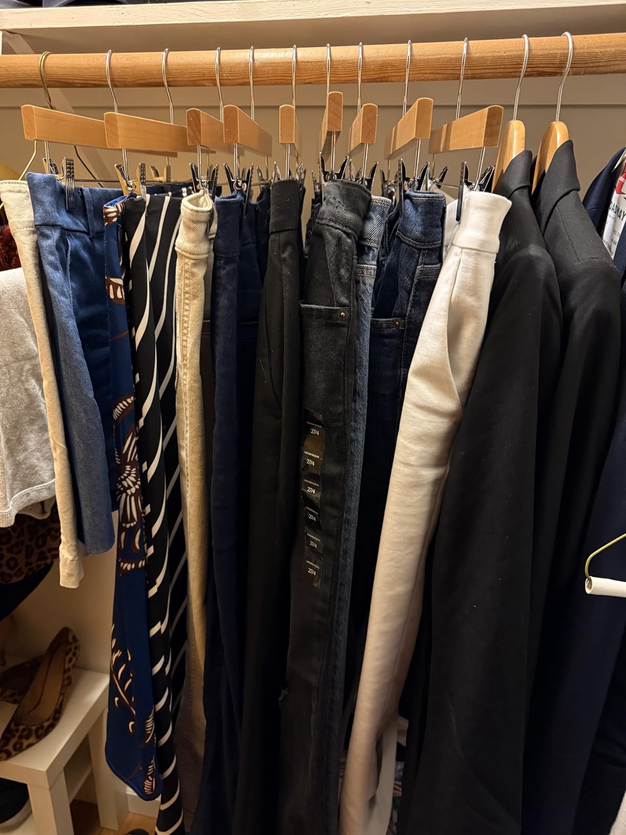 Nature Smile Solid Lotus Wood Deluxe Wooden Pants Hangers Bottom Hanger Jeans Hanger Skirt Hanger with 2-Adjustable Clips Anti-Rust Hook Pack of 10 (Natural) customer photo 2