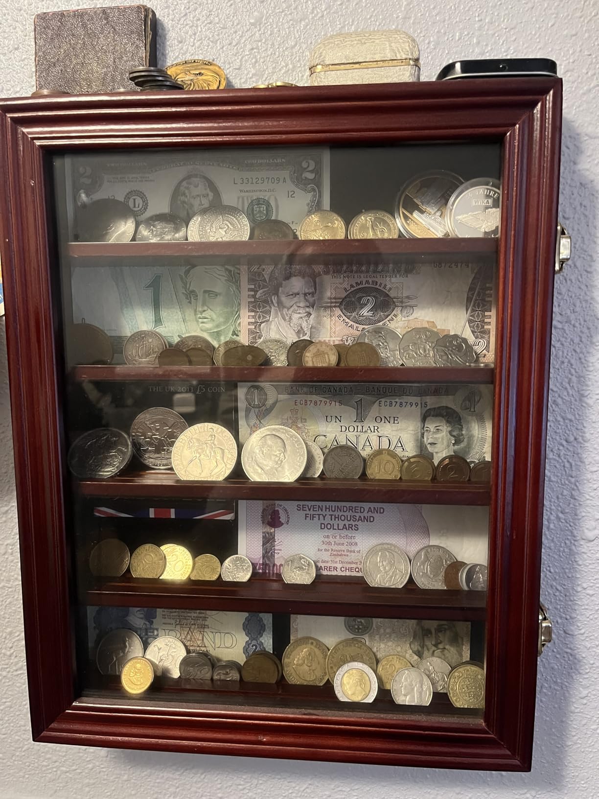 Military Challenge Coin Display Case Holder with HD Toughened Glass and Wall Mount, Wooden Coin Stand Rack with Removable 2 Grooves Shelves, Mahogany Finish customer photo 1