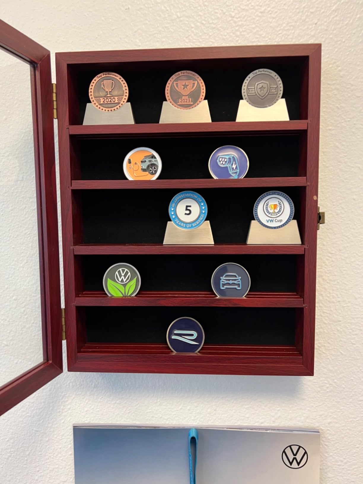 Military Challenge Coin Display Case Holder with HD Toughened Glass and Wall Mount, Wooden Coin Stand Rack with Removable 2 Grooves Shelves, Mahogany Finish customer photo 2
