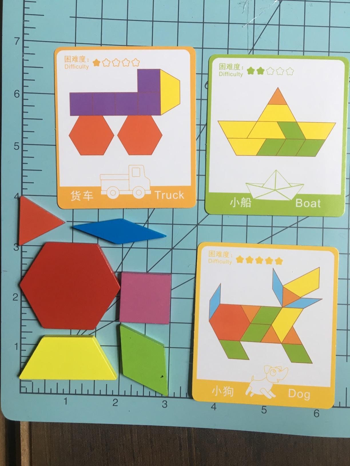 Coogam Wooden Pattern Blocks Set 130PCS Geometric Color Shape Manipulative Puzzle - Graphical Montessori Tangram Early Learning Educational Toys Brain Teasers STEM Gift for Kids with 24 Design Cards customer photo 1