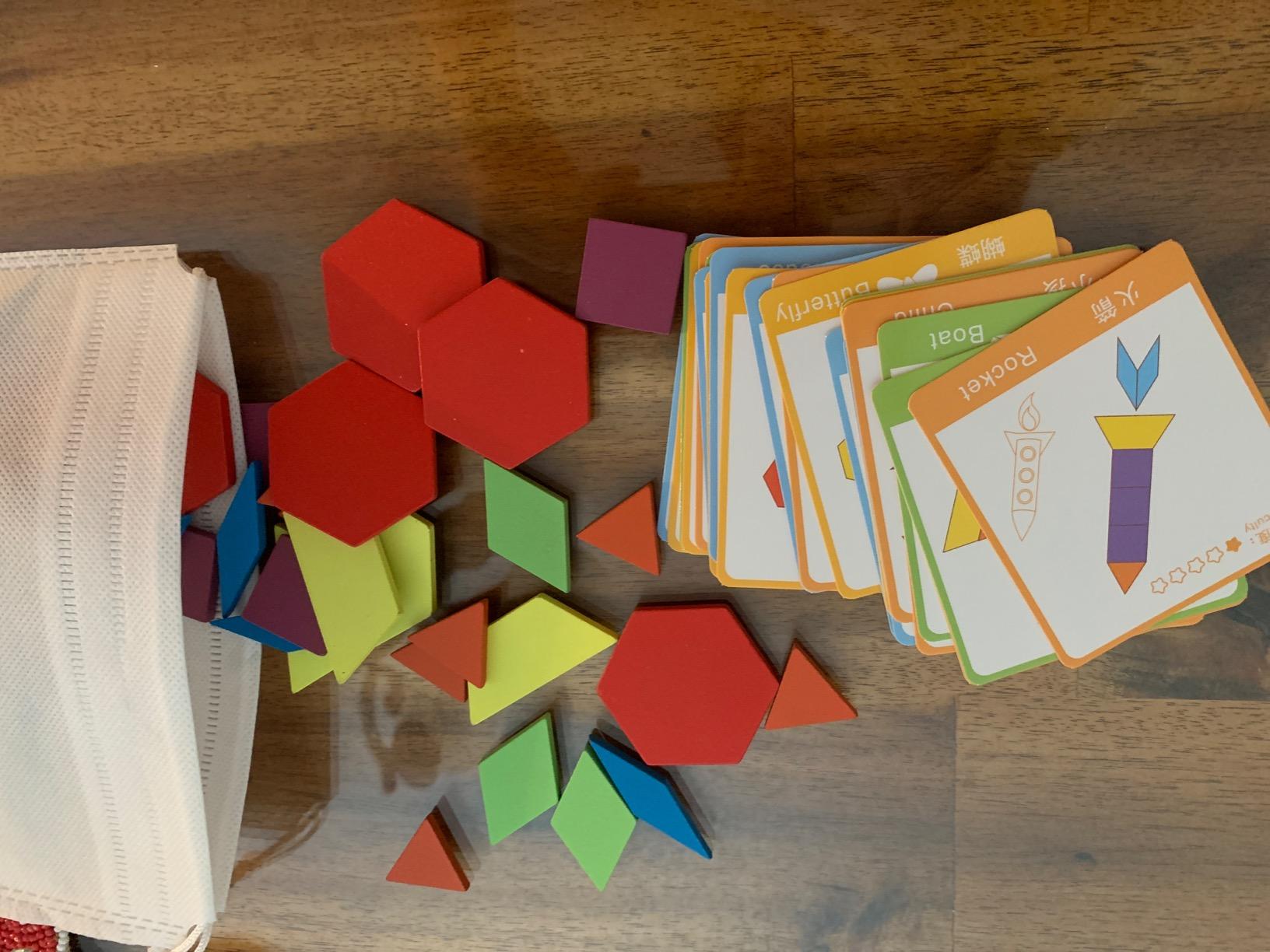 Coogam Wooden Pattern Blocks Set 130PCS Geometric Color Shape Manipulative Puzzle - Graphical Montessori Tangram Early Learning Educational Toys Brain Teasers STEM Gift for Kids with 24 Design Cards customer photo 2