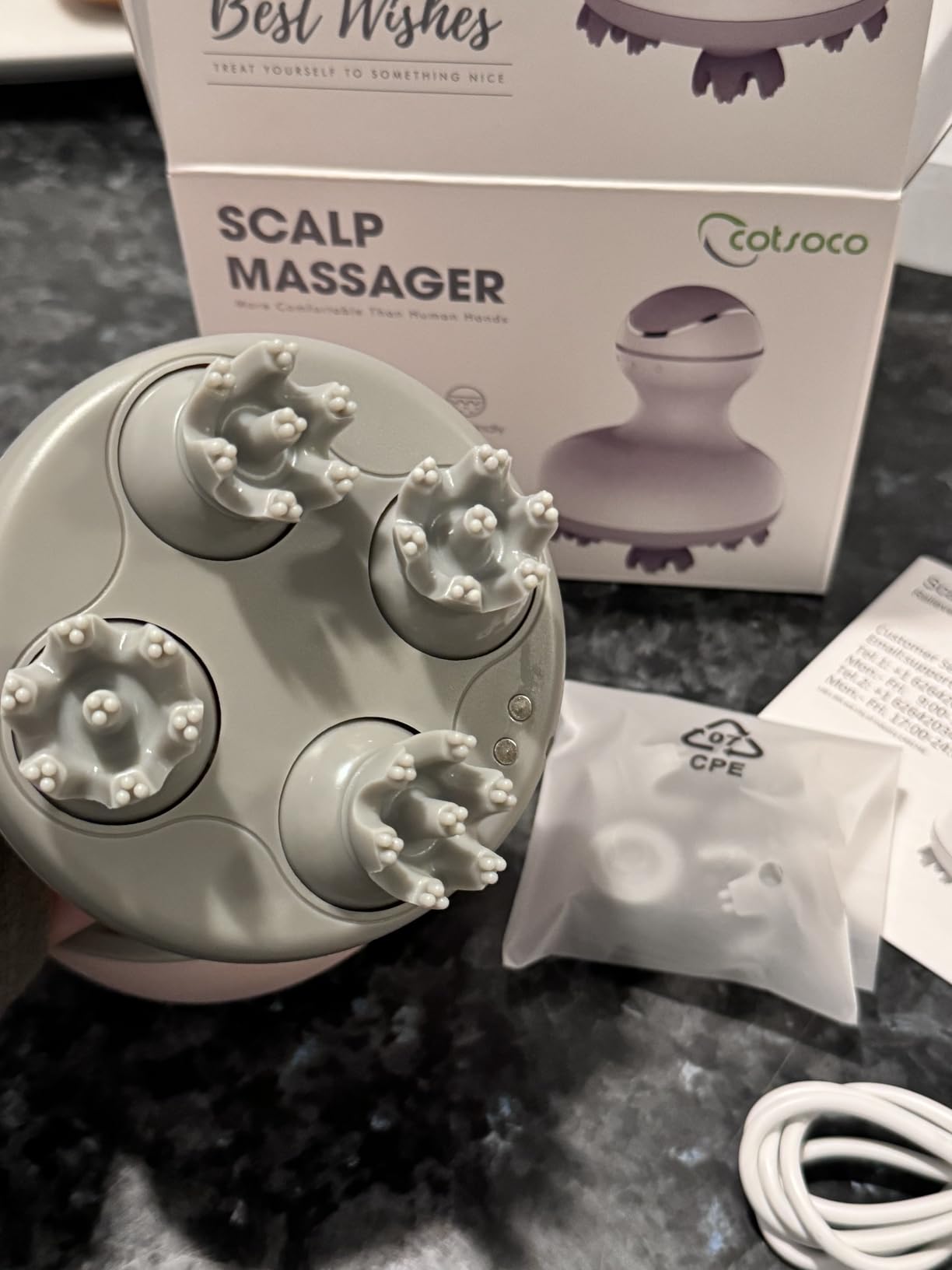 cotsoco Electric Scalp Head & Back Massager, Cordless Hair Massage Waterproof Head Massager with 4 Heads 84 Nodes for Hair Growth, Stress Relief & Deep Clean, Gifts for Mom, White customer photo 2