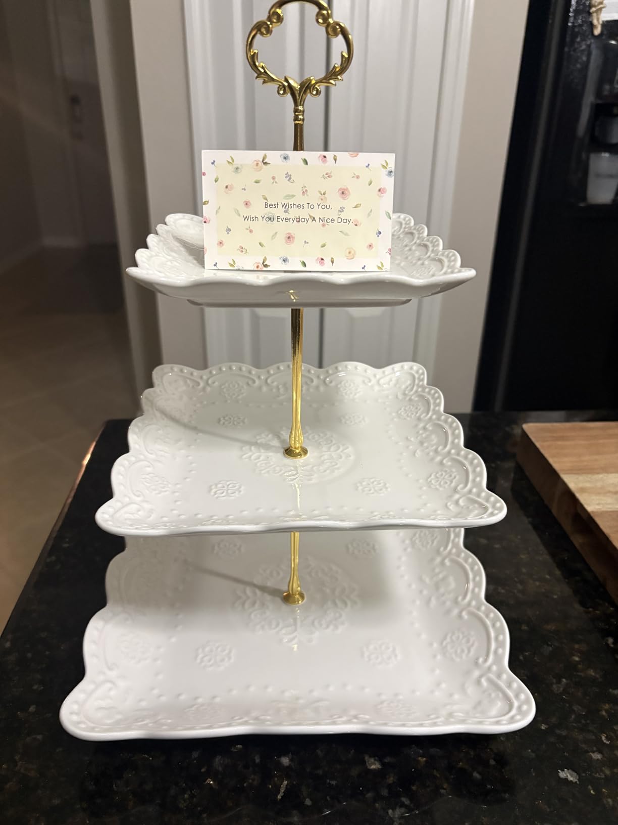 Sumerflos 3 Tier Porcelain Cupcake Stand, Tiered Serving Cake Stand, Square White Embossed Dessert Stand, Weddings Parties Pastry Serving Tray customer photo 2