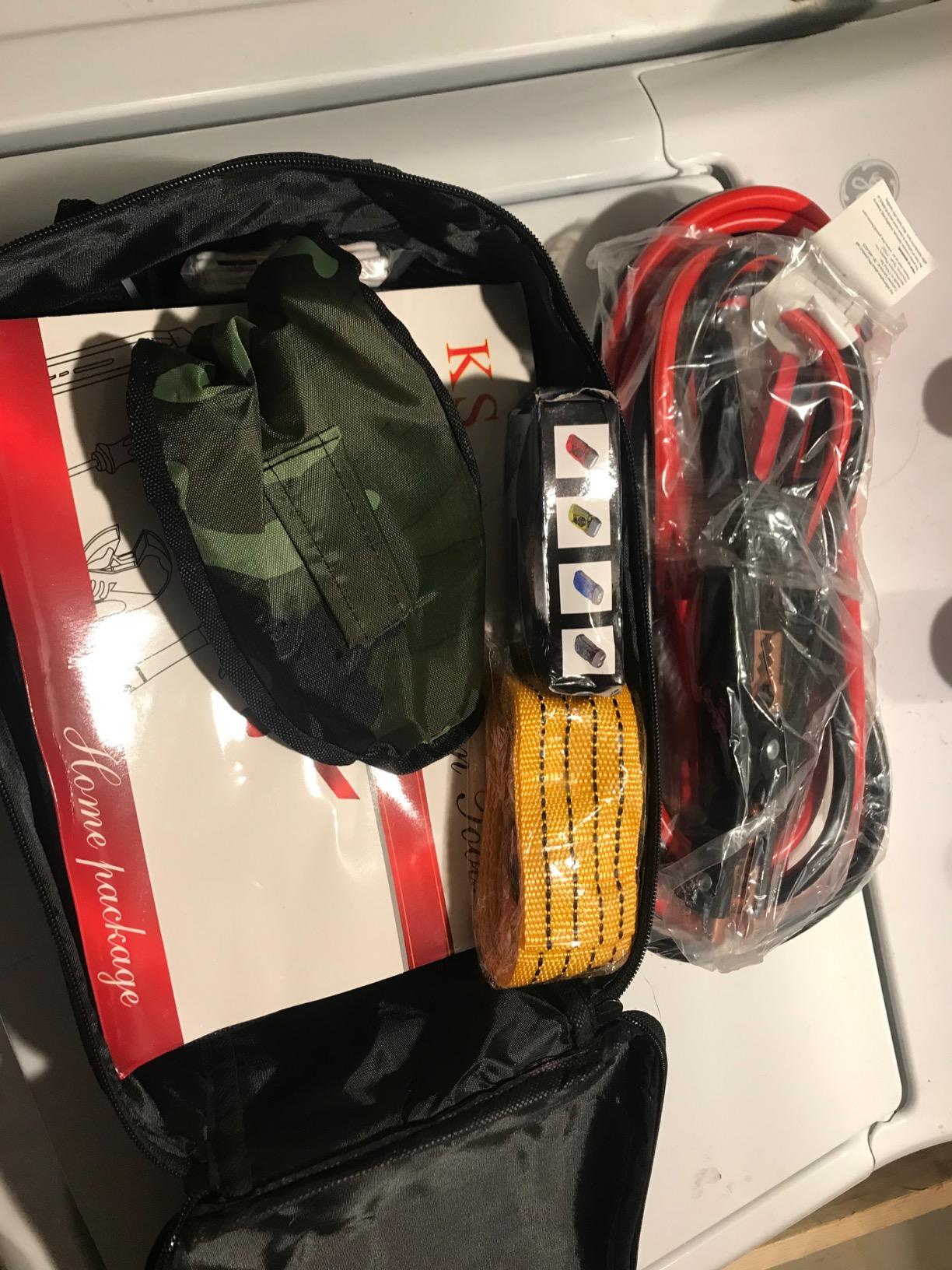 Car Emergency Kit,Emergency Roadside Kit for Car,Car Accessories for Women or Men,Car Safety Kit with Jumper Cables 11.8 FT,Tow Strap,Folding Survival Shovel,Roadside Emergency Kit customer photo 1