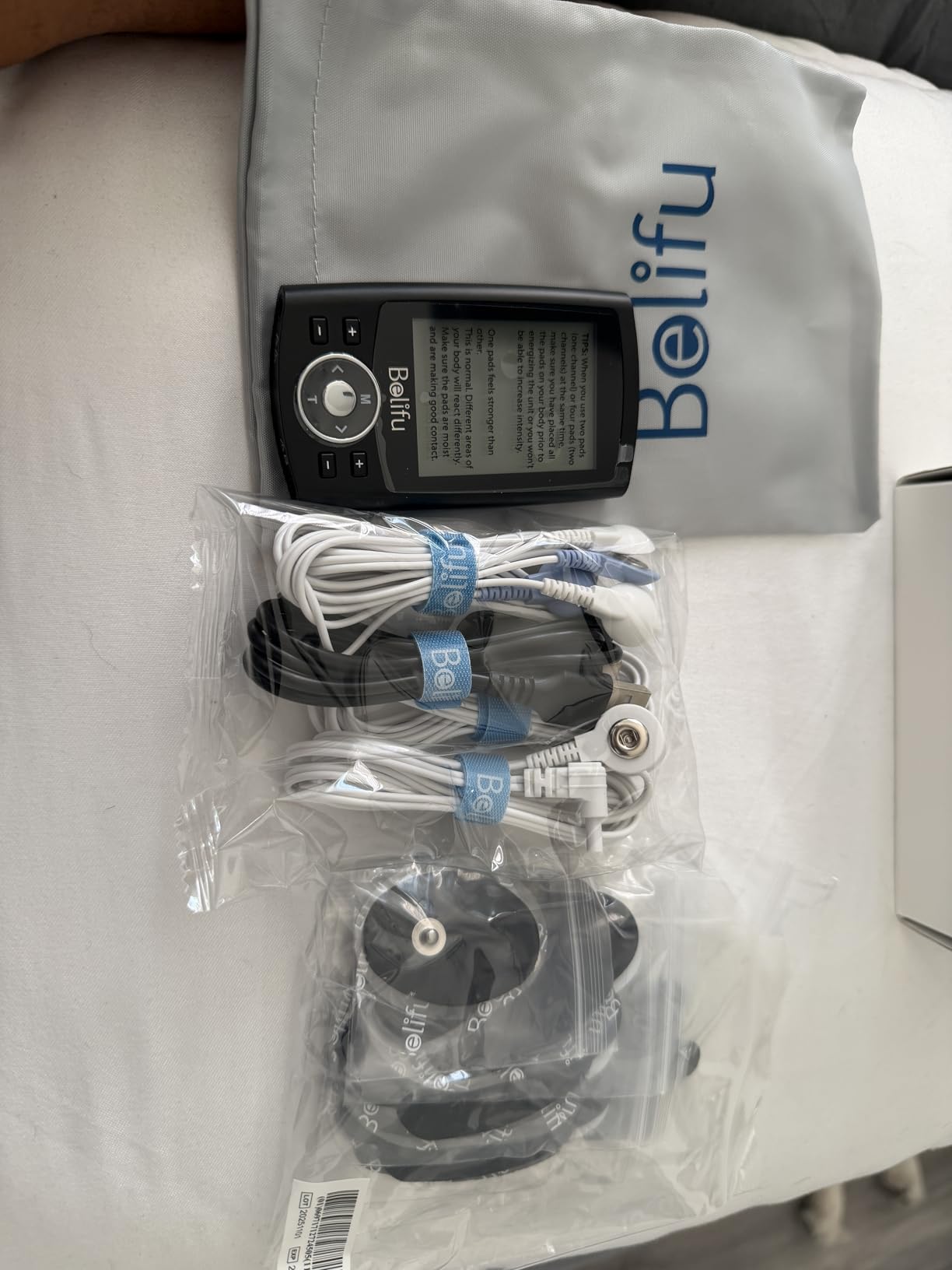 Belifu Dual Channel TENS EMS Unit 24 Modes Muscle Stimulator for Pain Relief Therapy, Electronic Pulse Massager Muscle Massager with 10 Pads, Dust-Proof Drawstring Storage Bag, Fastening Cable Ties customer photo 1