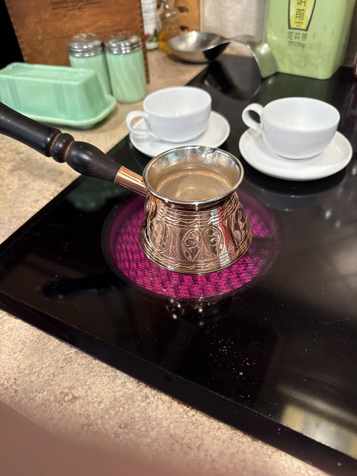 DEMMEX Thickest Copper Turkish Greek Arabic Coffee Pot, Stovetop Coffee Maker, Cezve Ibrik Briki with Wooden Handle & Spoon, Hand Engraved customer photo 1