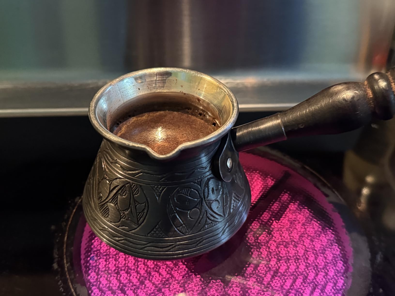 DEMMEX Thickest Copper Turkish Greek Arabic Coffee Pot, Stovetop Coffee Maker, Cezve Ibrik Briki with Wooden Handle & Spoon, Hand Engraved customer photo 2